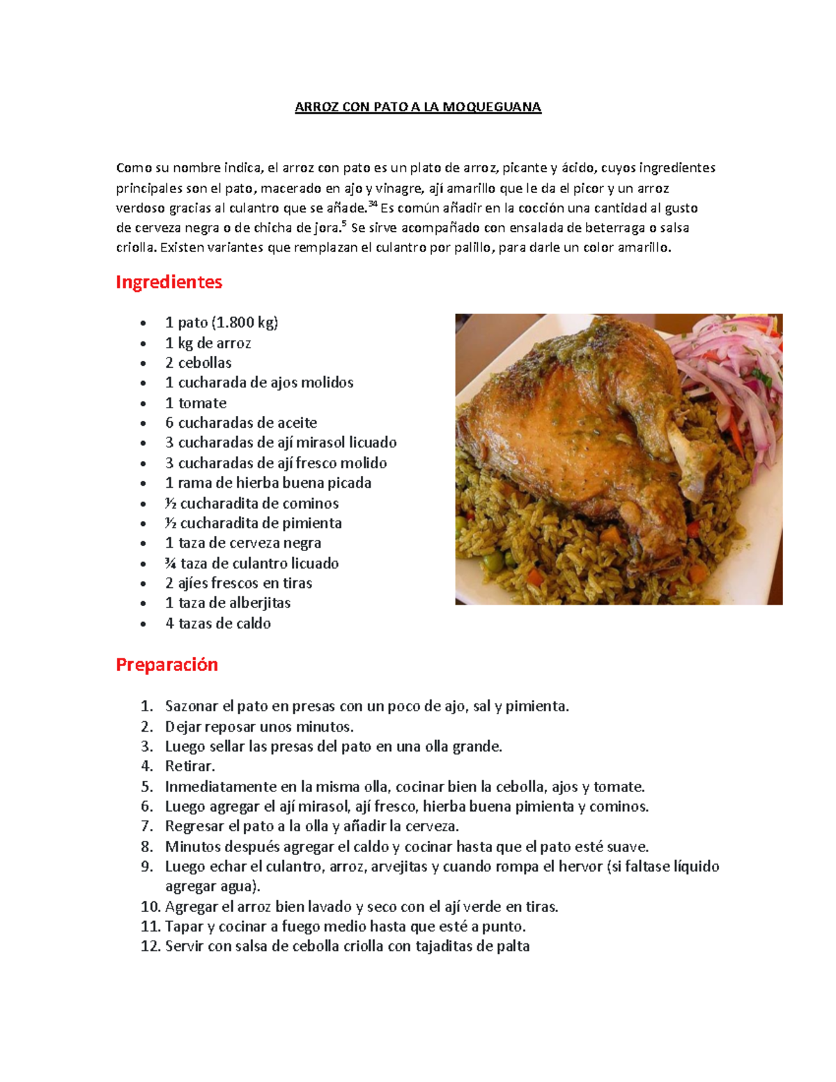 Receta de Arroz con Pato Picante a la Moqueguana - Document Preview