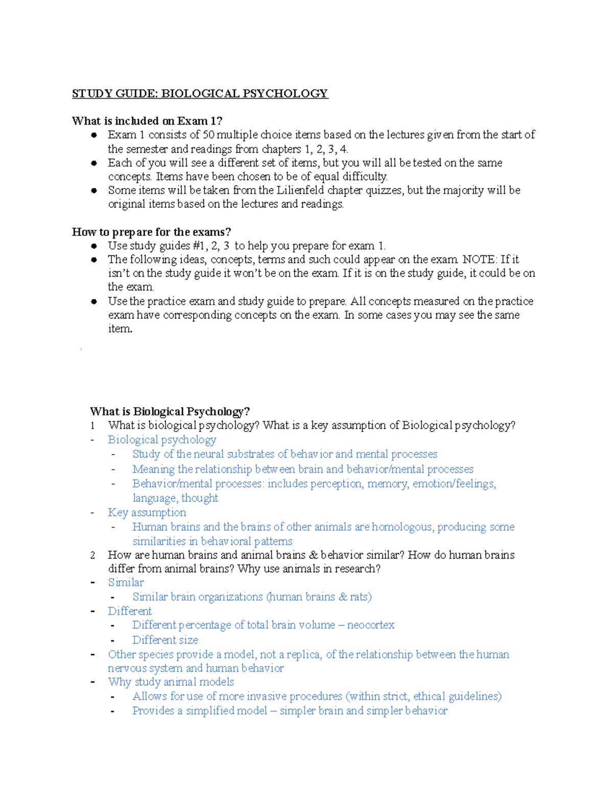 Study Guide for Biological Psychology (Exam 1 Overview & Key Concepts ...