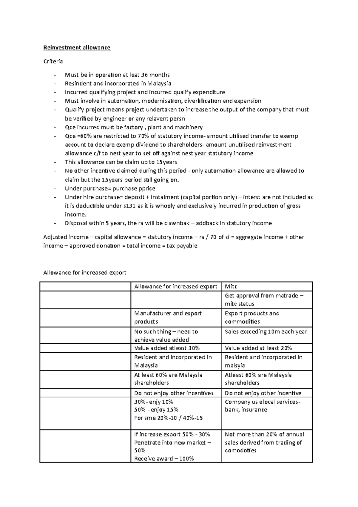 Atx - Concise Notes on Reinvestment Allowance & Tax Incentives - Studocu