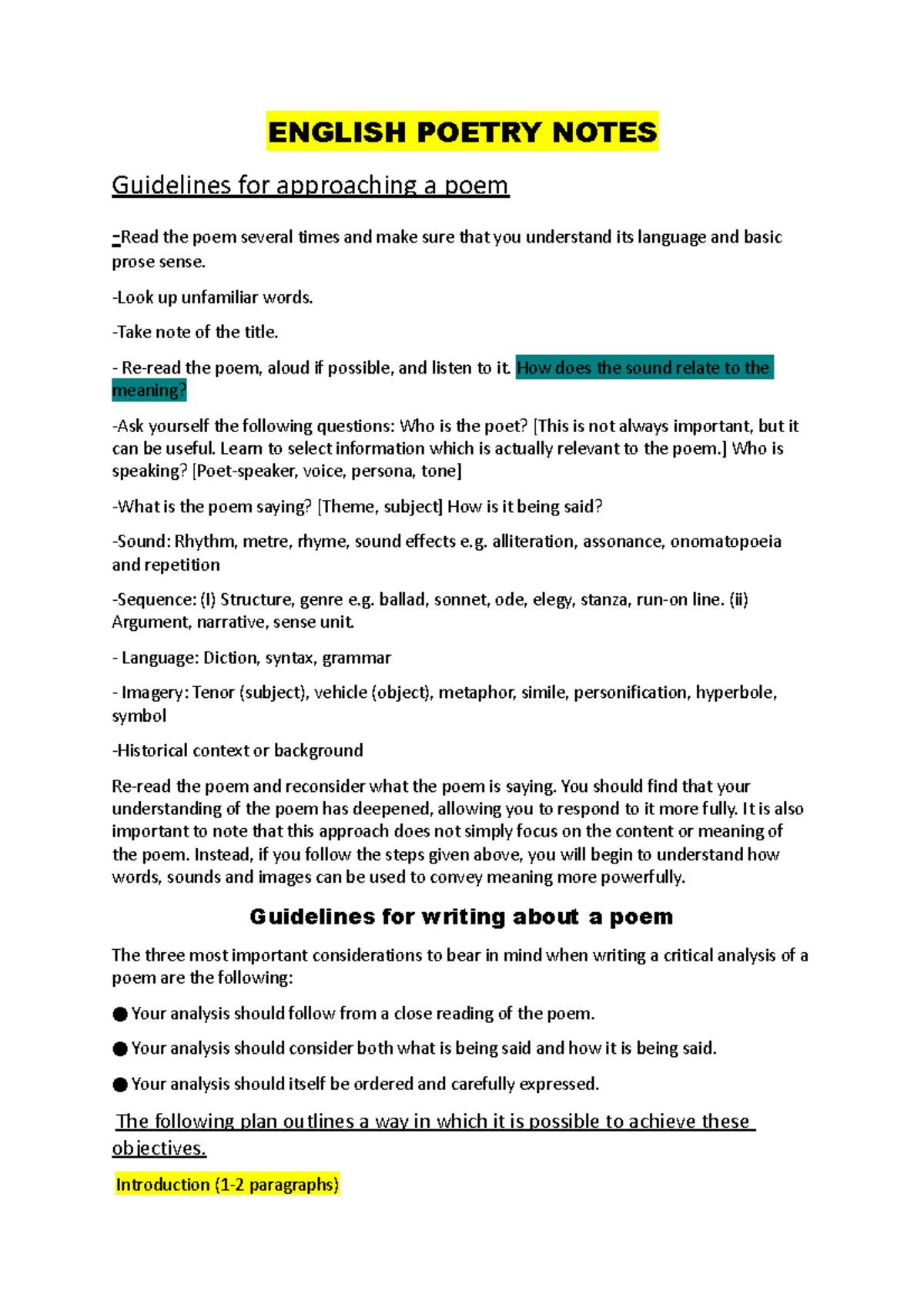 English Poetry Analysis Guide - Key Approaches and Tips - Studocu