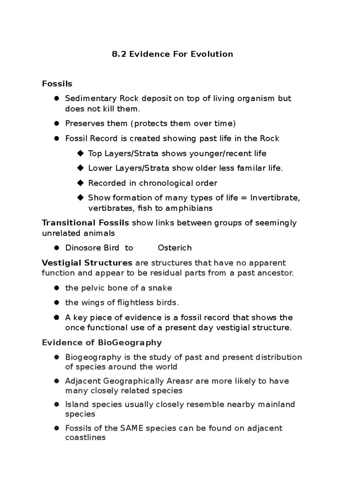 Evolution Evidence: Zidane Bio 8.2 Notes on Fossils & Anatomy - Studocu
