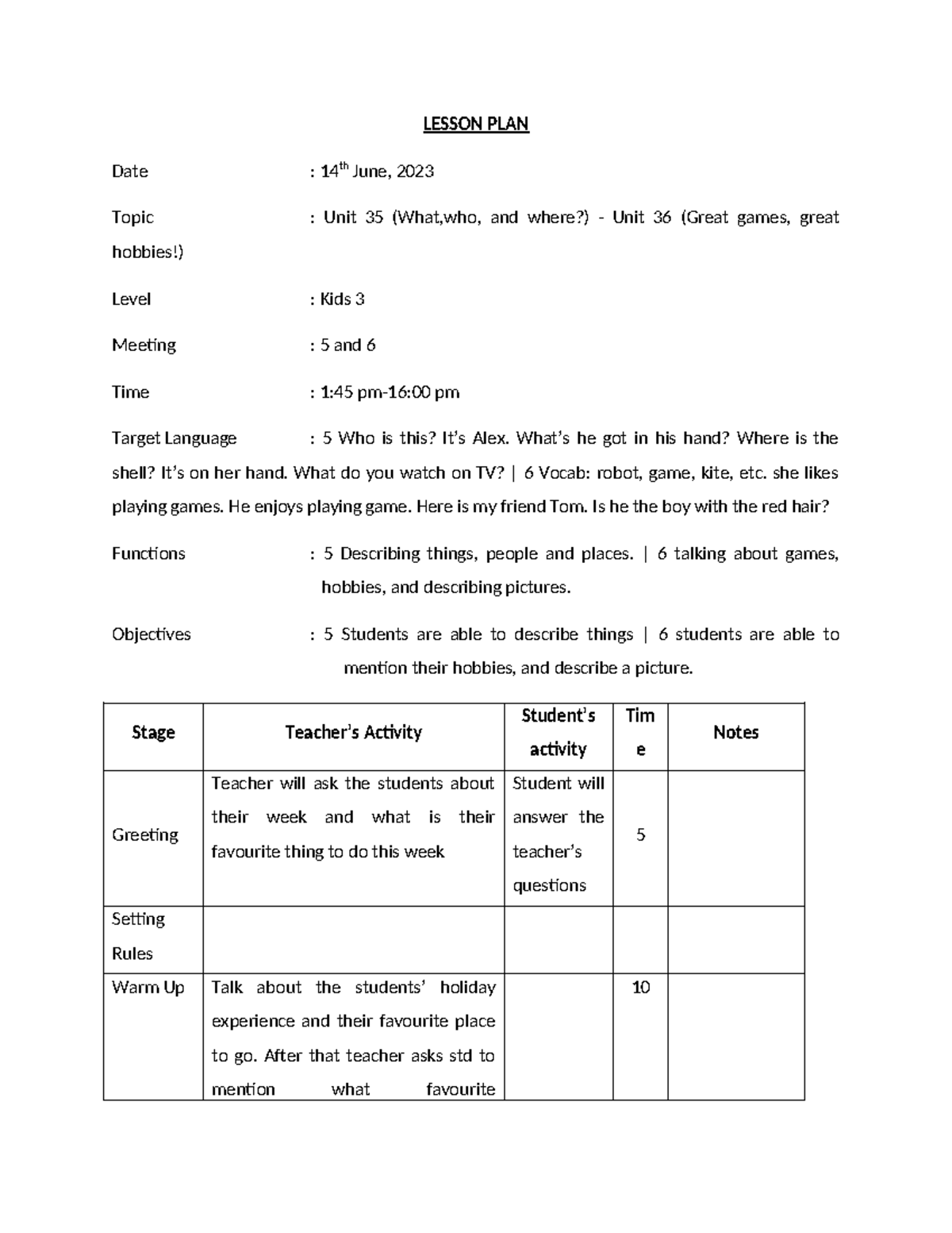 Lesson Plan for Kids 3: Units 35 & 36 Activities - Studocu