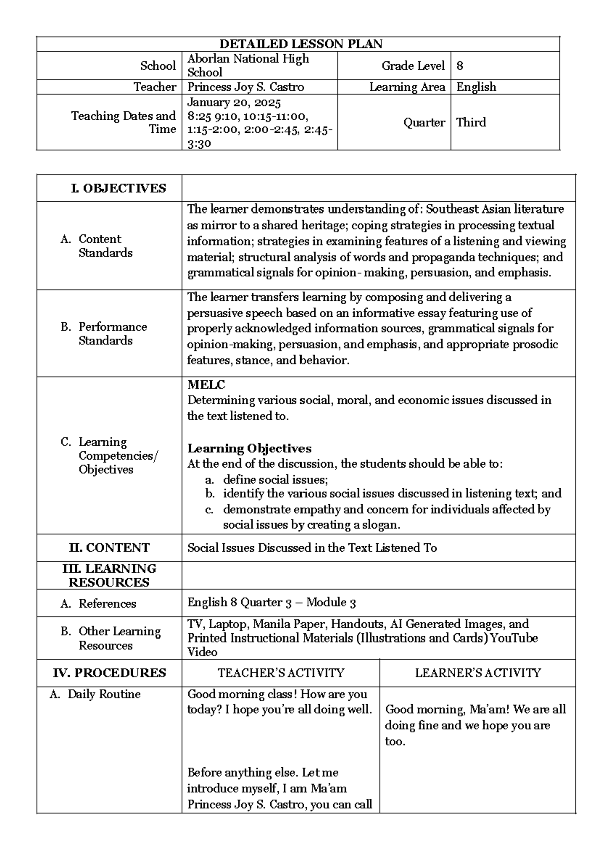 DLP Lesson 3_Social Issue Presented in Texts - DETAILED LESSON PLAN ...