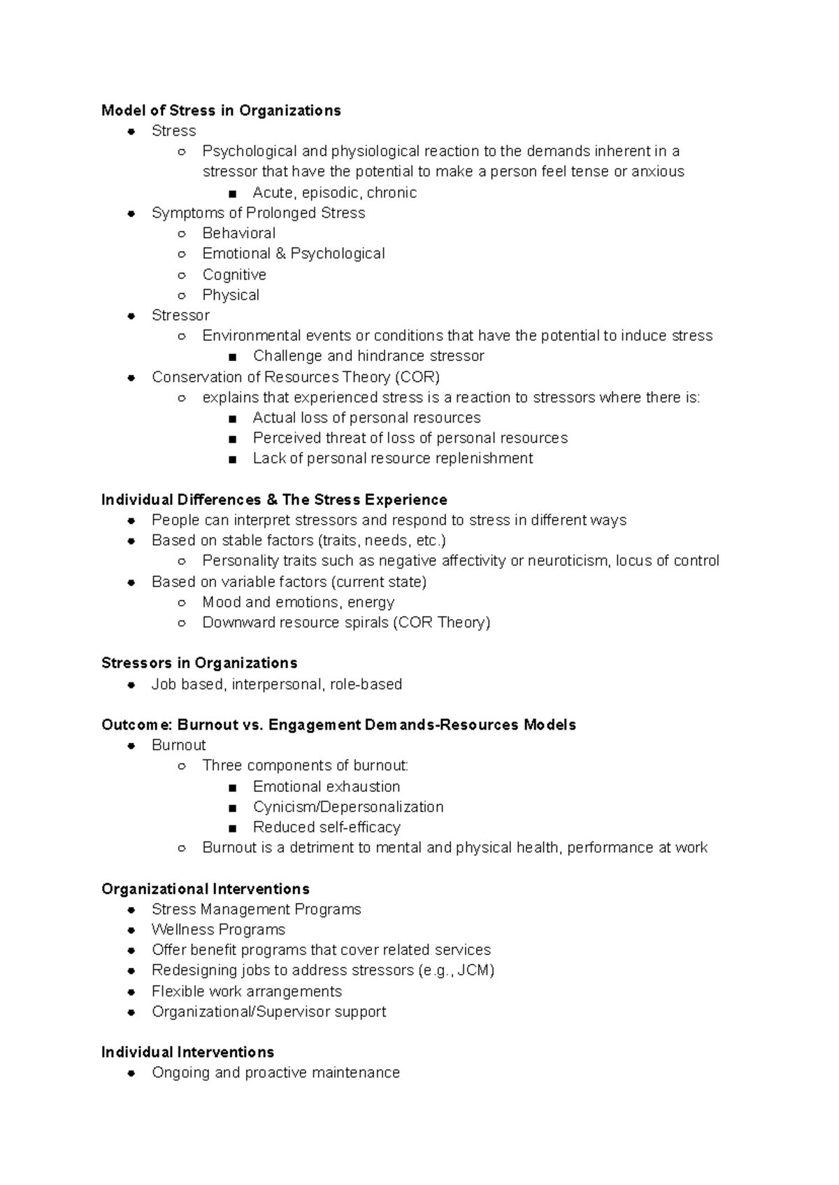 ADMS 2400 - Final Exam Notes - Model of Stress in Organizations Stress ...