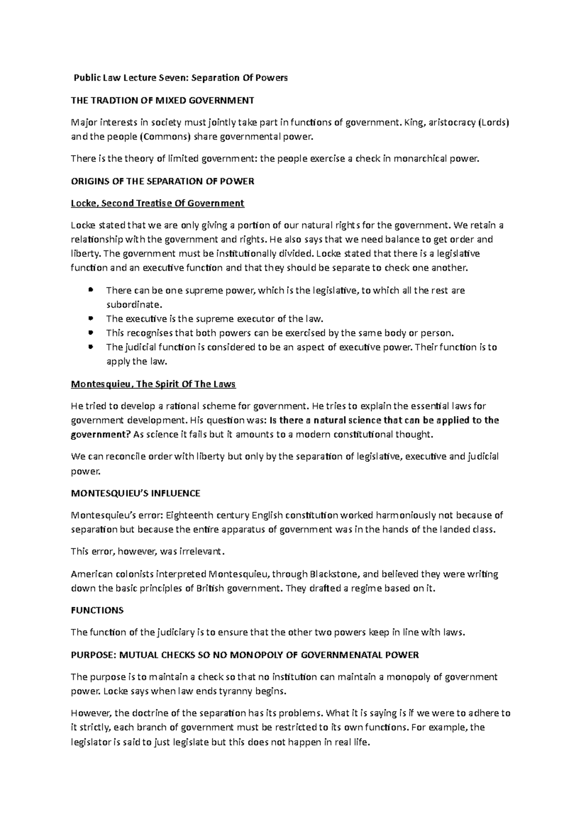 Separation of Powers - Public Law Lecture Notes 25 - Studocu