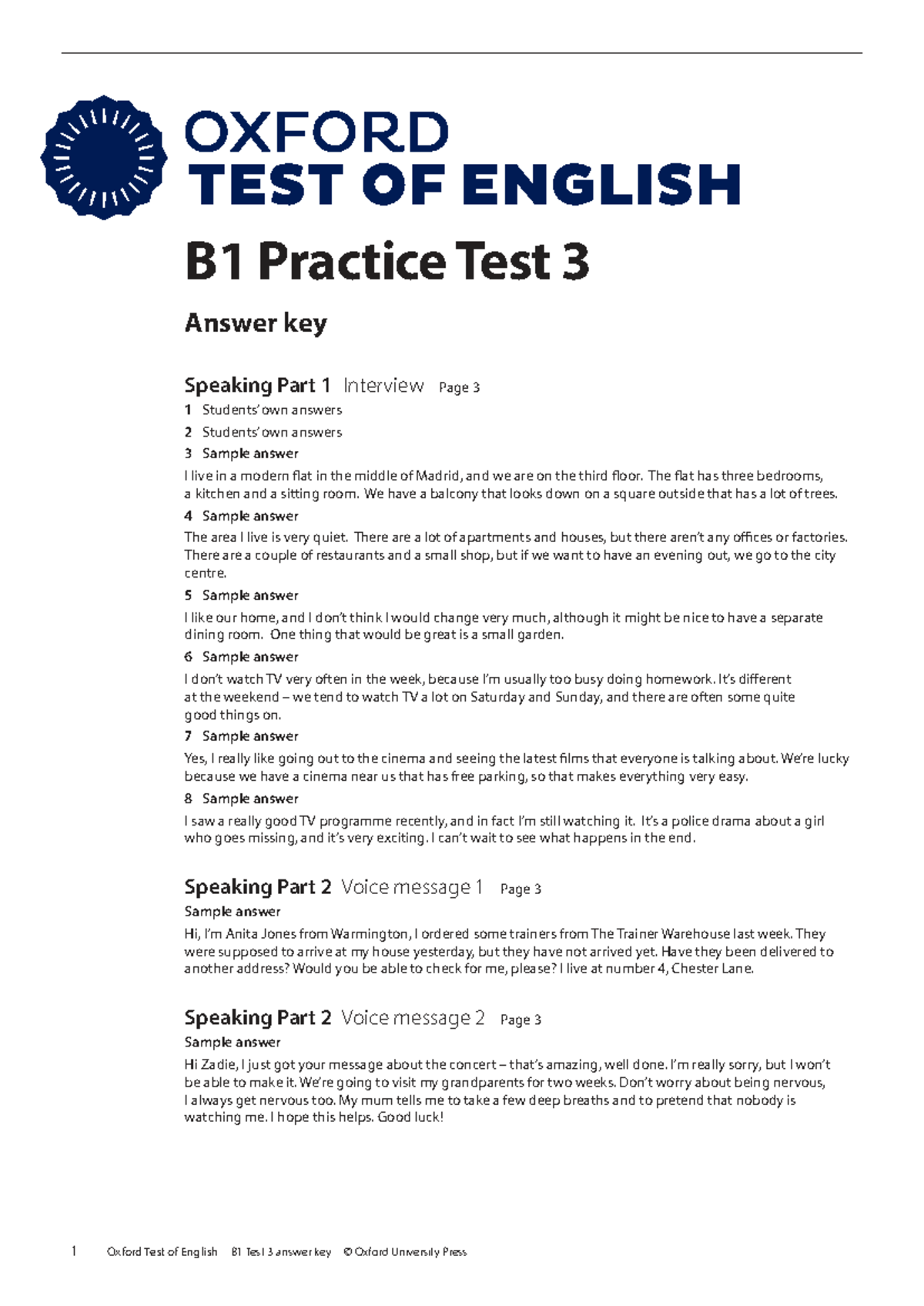 Ote B1 Practice Test 3 Answer Key: Speaking & Listening Sections - Studocu