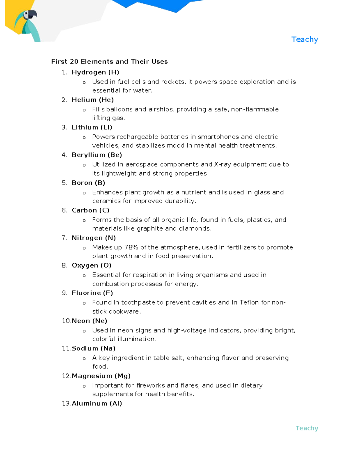 Teachy: First 20 Elements & Their Uses - Chem 101 Notes - Studocu