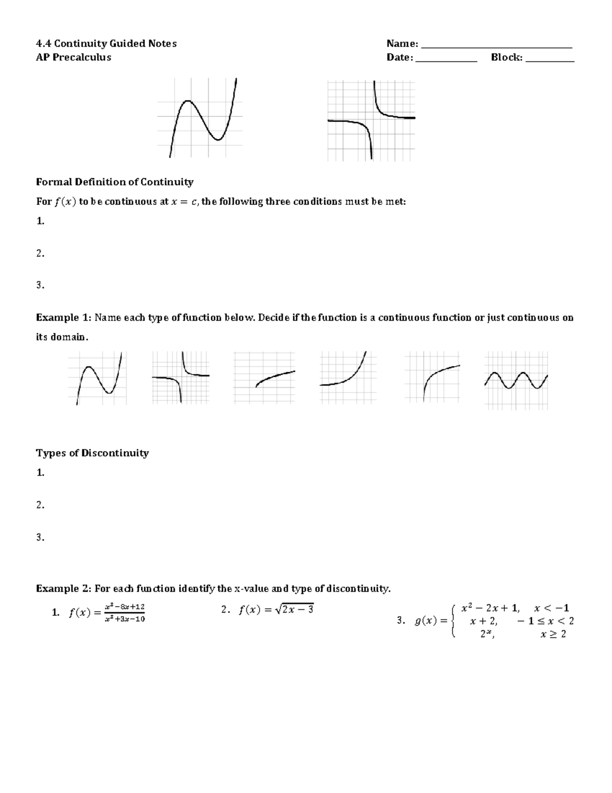 4.4 Continuity Guided Notes - AP Precalculus Essentials - Studocu