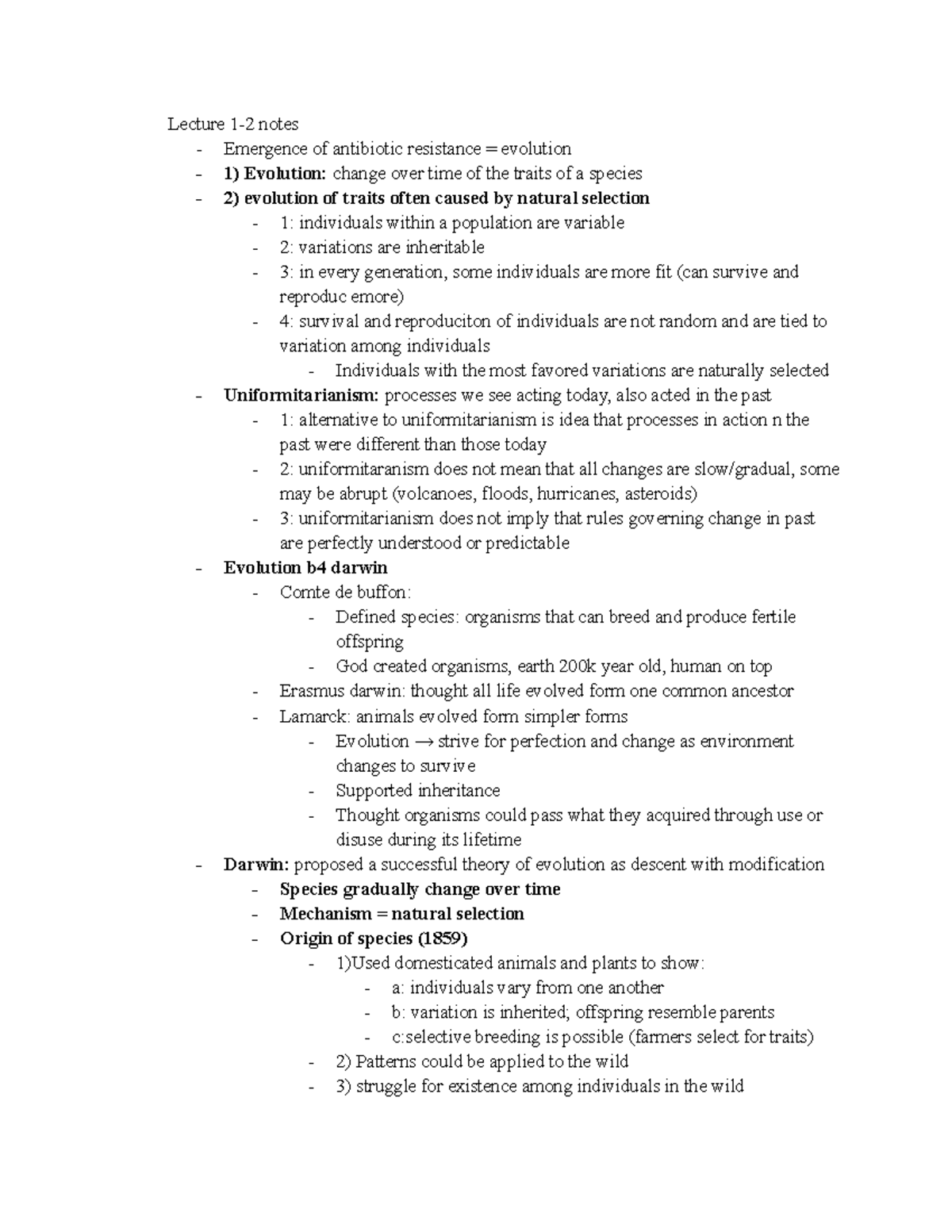 Copy of Evolution Study Guide - Lecture 1-2 notes - Emergence of ...