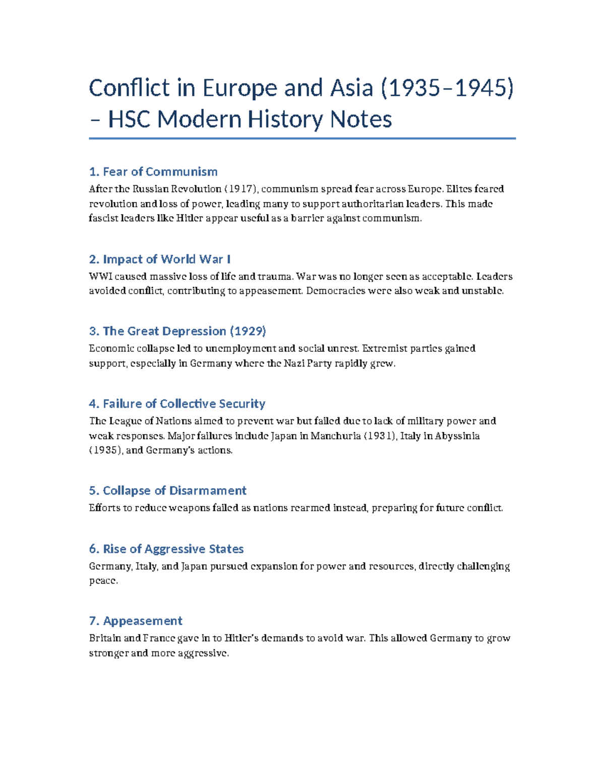 HSC Modern History Notes: Conflict in Europe and Asia Analysis - Studocu