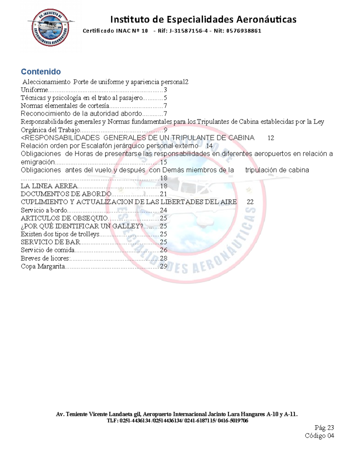 Guia Servicio Abordo - Contenido - Certificado INAC Nº 10 - Rif: J ...