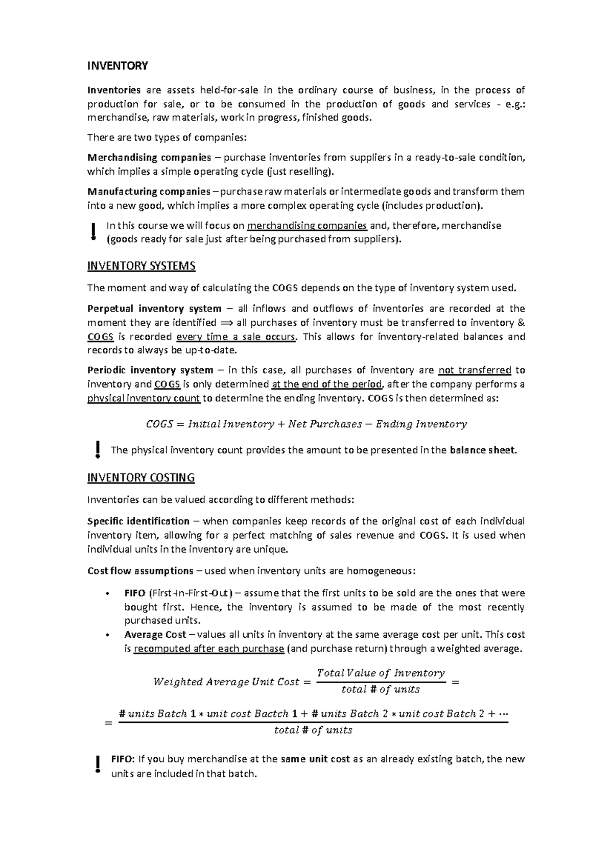 Inventory (Course Code) - Summary of Inventory Systems and Costing ...