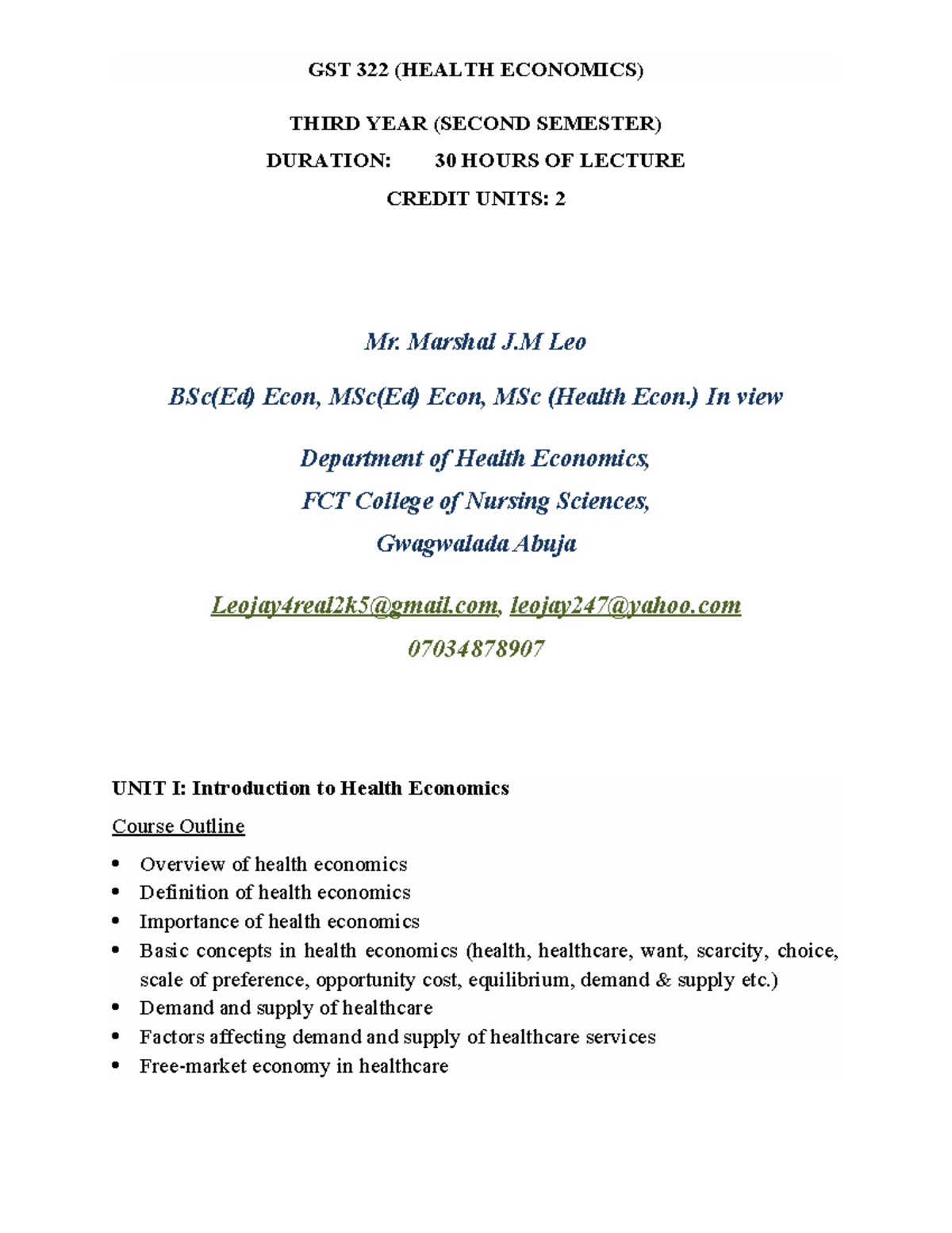 GST 322 Health Economics Lecture Handout - Introduction to Key Concepts -  Studocu