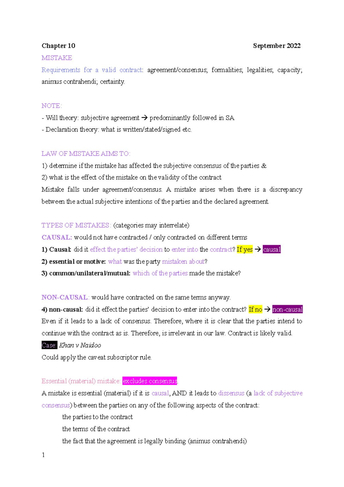 Contract Law Notes: Chapter 10 - Mistakes in Agreement - Studocu