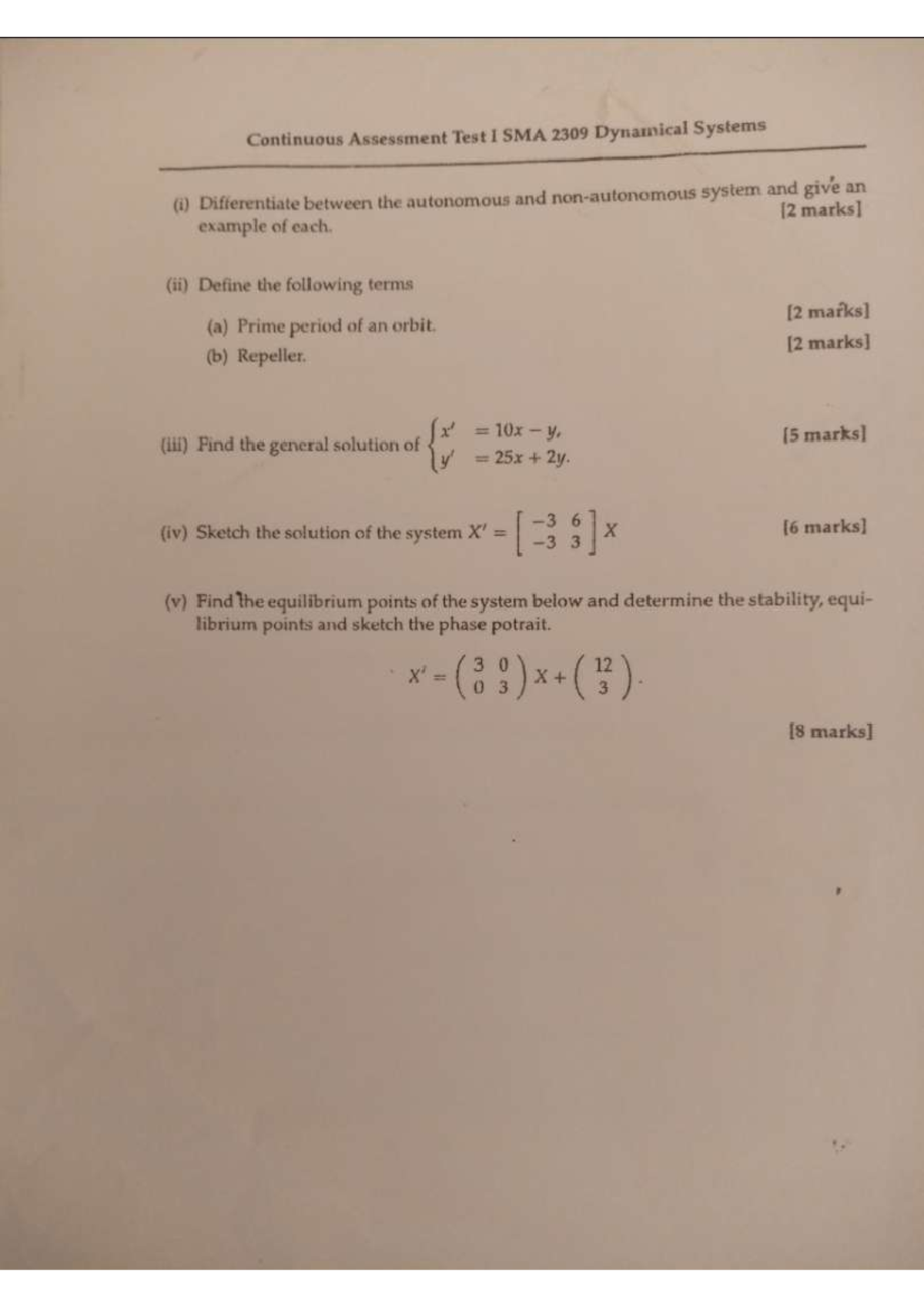 SMA 2309 Dynamical Systems - Revision Practice Questions - Studocu
