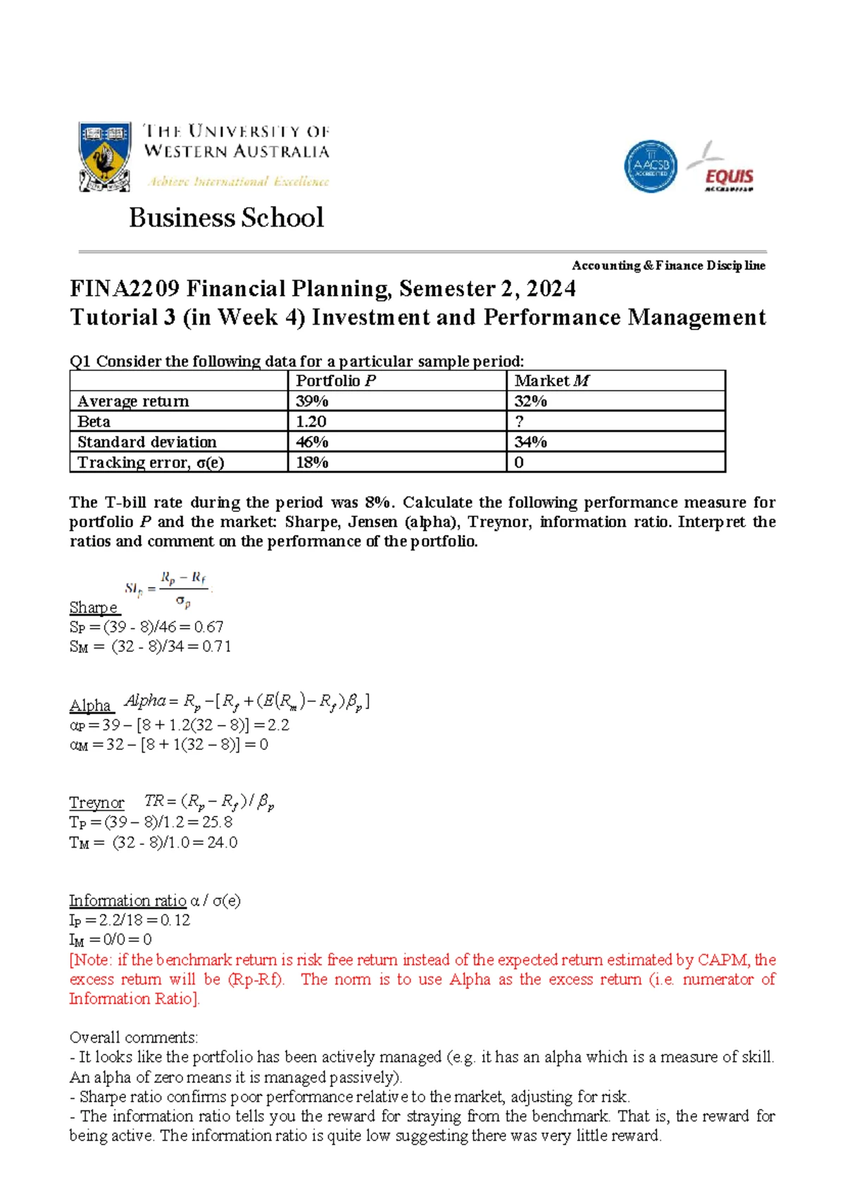 FINA2209 Semester 2, 2024: Tutorial 1 Solutions for Financial Planning ...