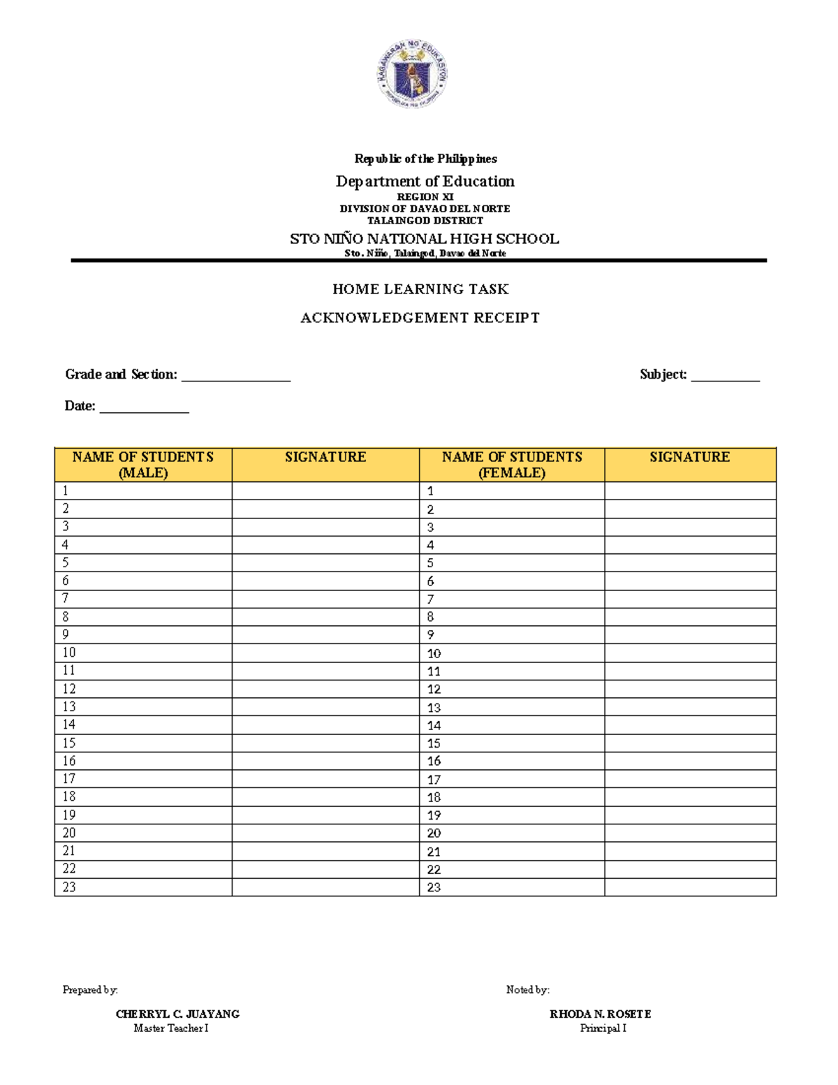 Acknowledgement-receipt-1 - Republic of the Philippines Department of ...