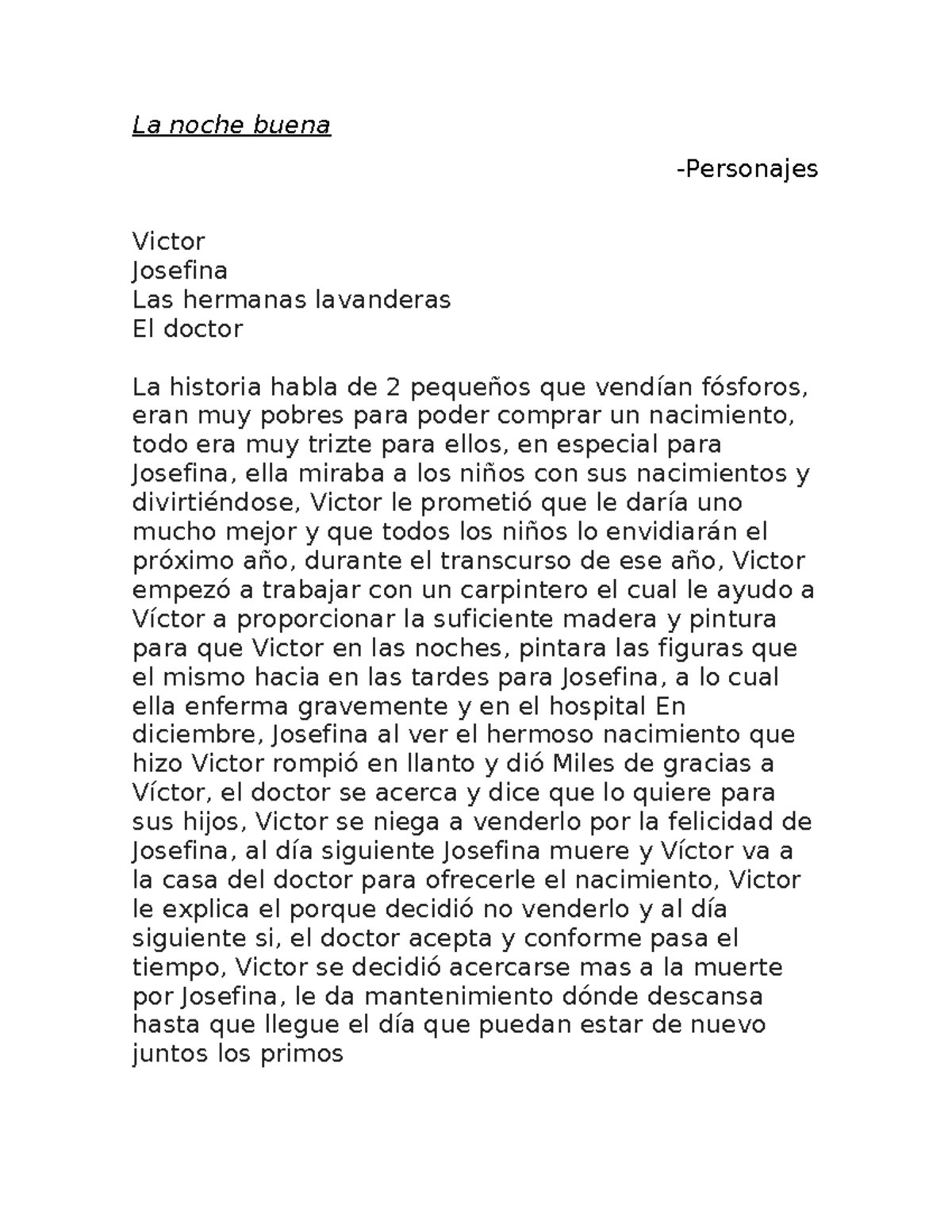 Tarea y evaluacion 1 La noche buena Personajes Victor Josefina