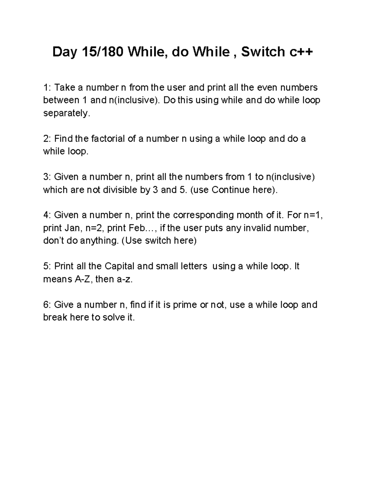 Day 15 C++: While, Do While, and Switch Exercises - Studocu