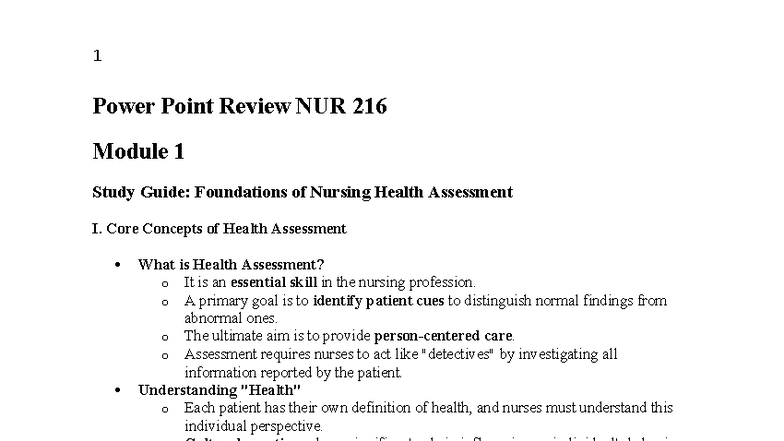 NUR 216 Exam 1 Study Guide: Foundations of Nursing Health Assessment ...