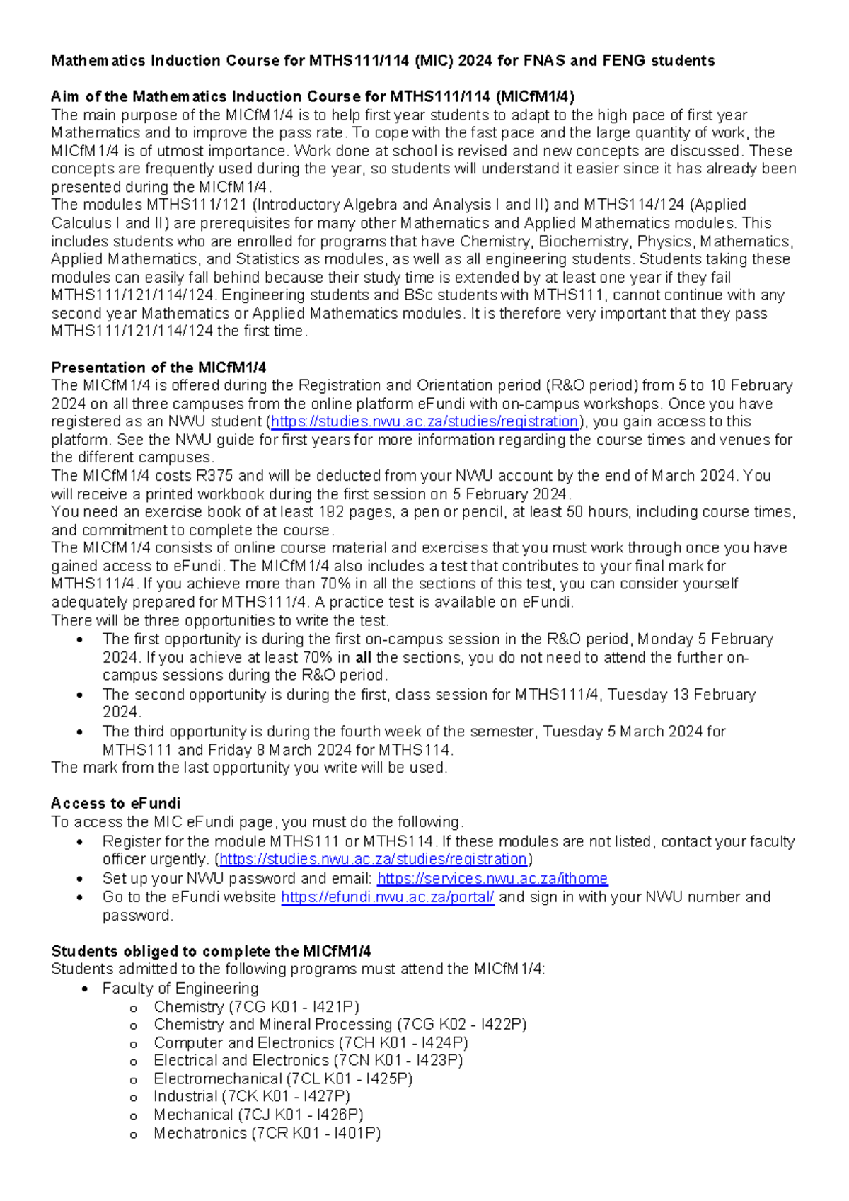 Mathematics Induction Course (MIC) MTHS111-114 2024 Info for First ...