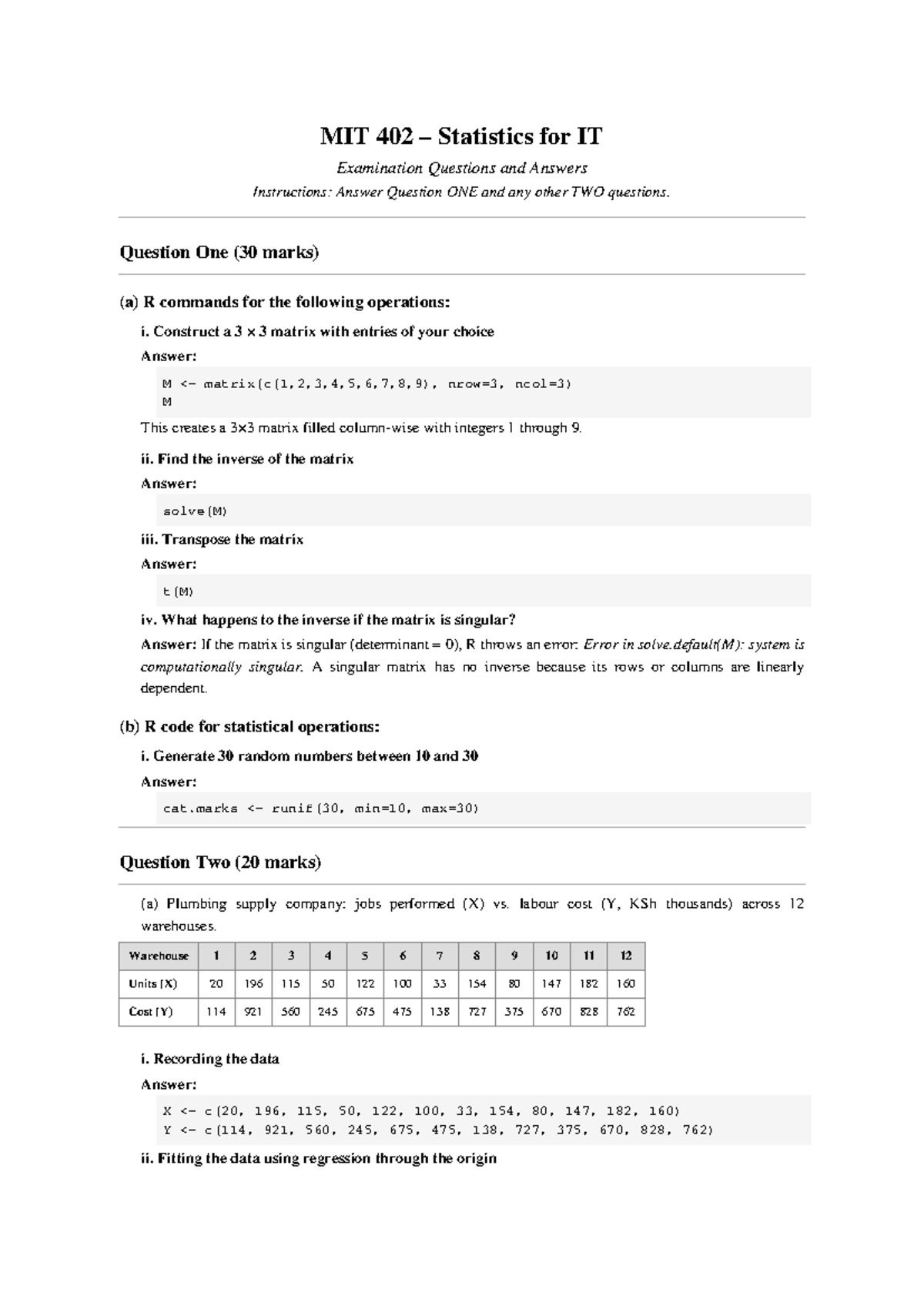 MIT 402 Final Exam: Statistics for IT Questions & Answers - Studocu