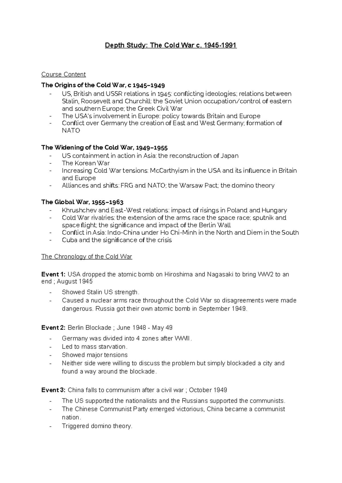 L1 Cold War Depth Study: Key Events and Ideological Conflicts - Studocu