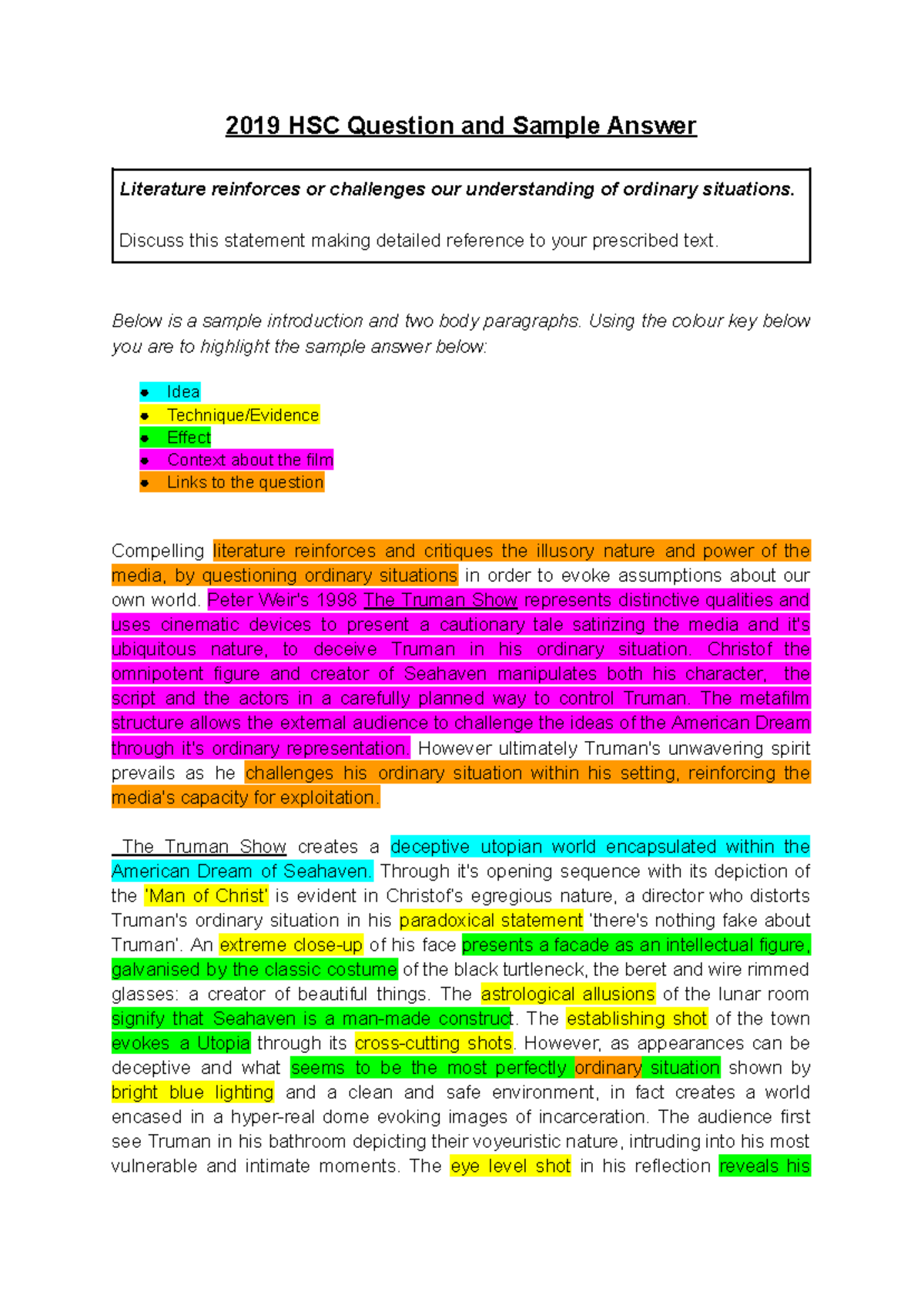 2019 HSC Literature Sample Answer: The Truman Show Analysis - Studocu