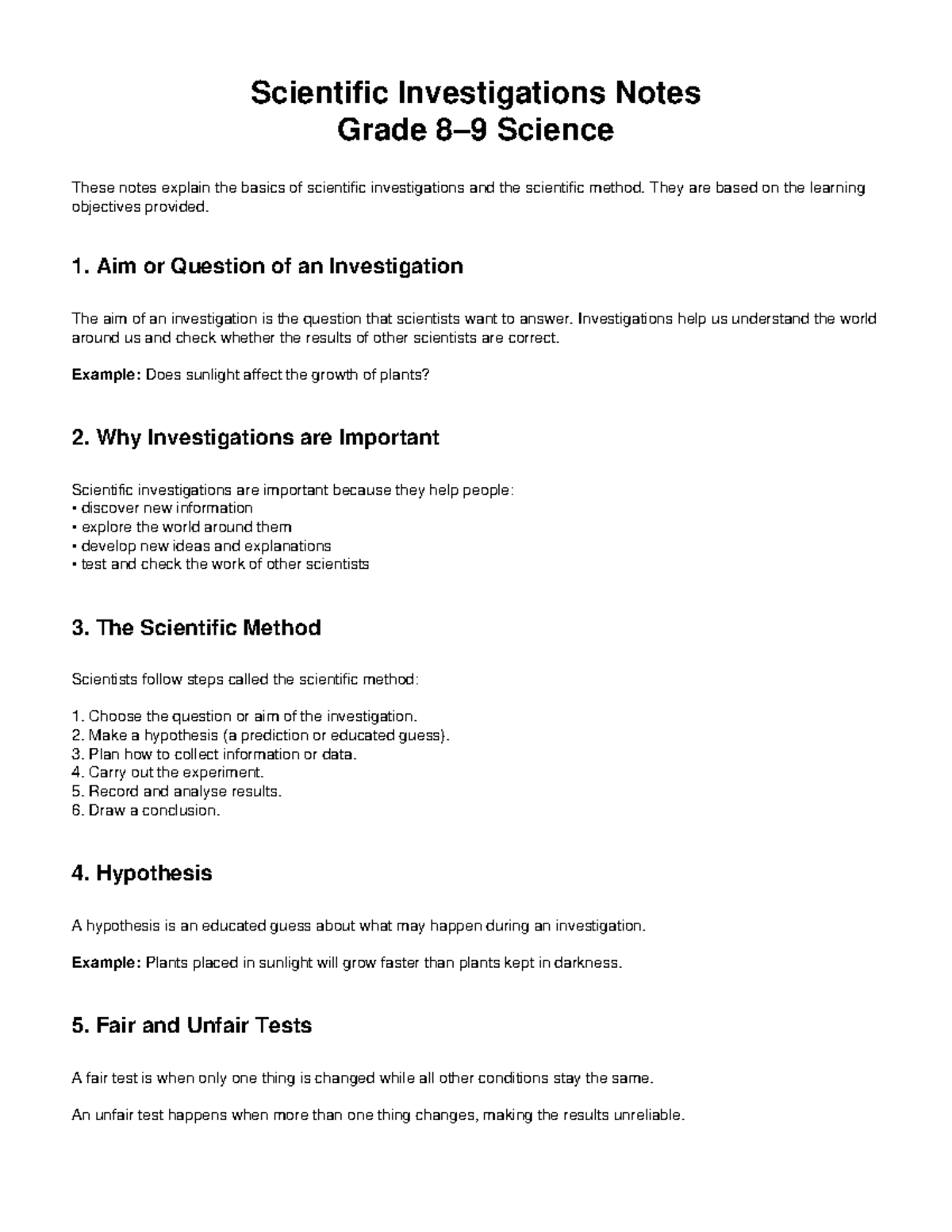 Scientific Investigations Notes for Grade 8 Science - Studocu