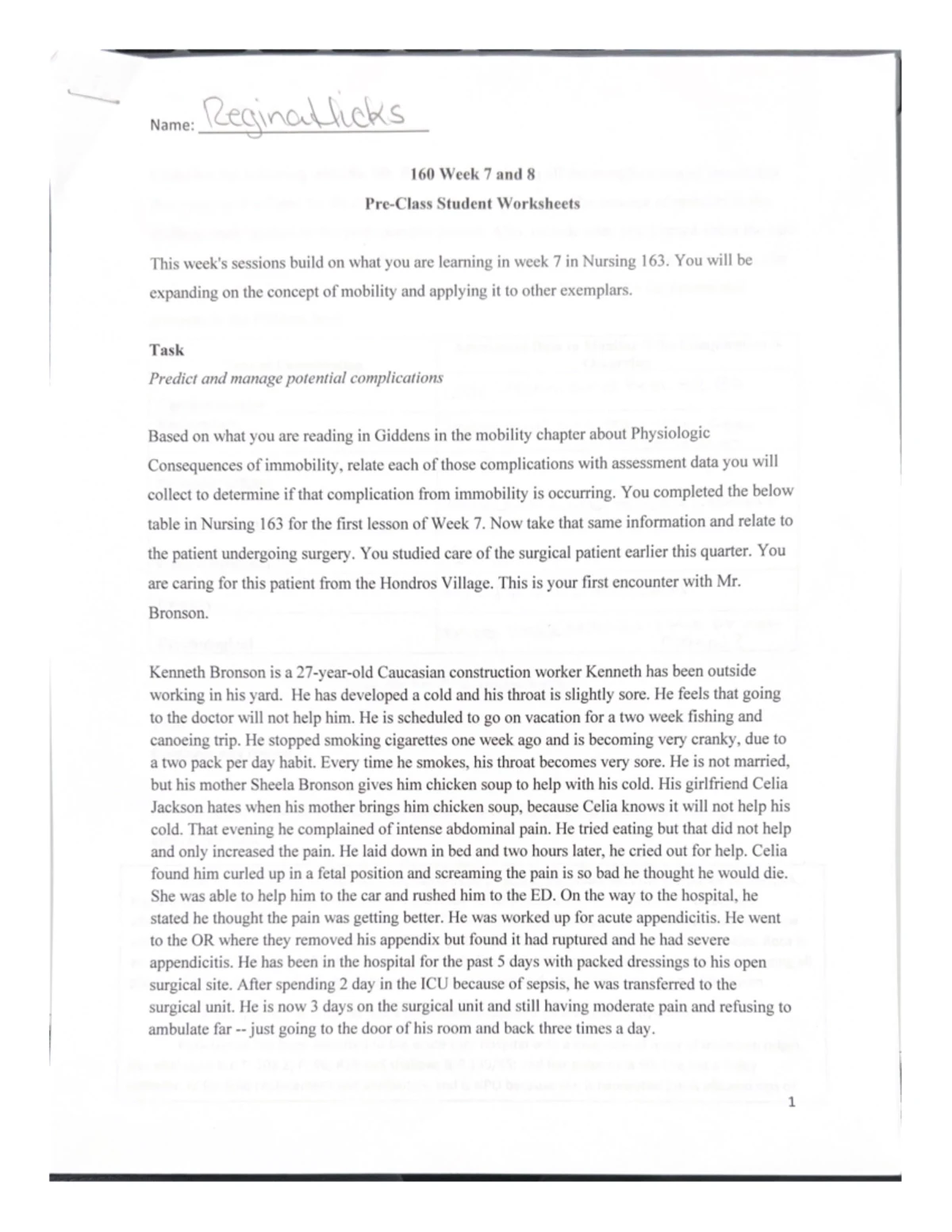 160 Week 5 - Fluid and Electrolytes Student Worksheets & Nursing Care ...