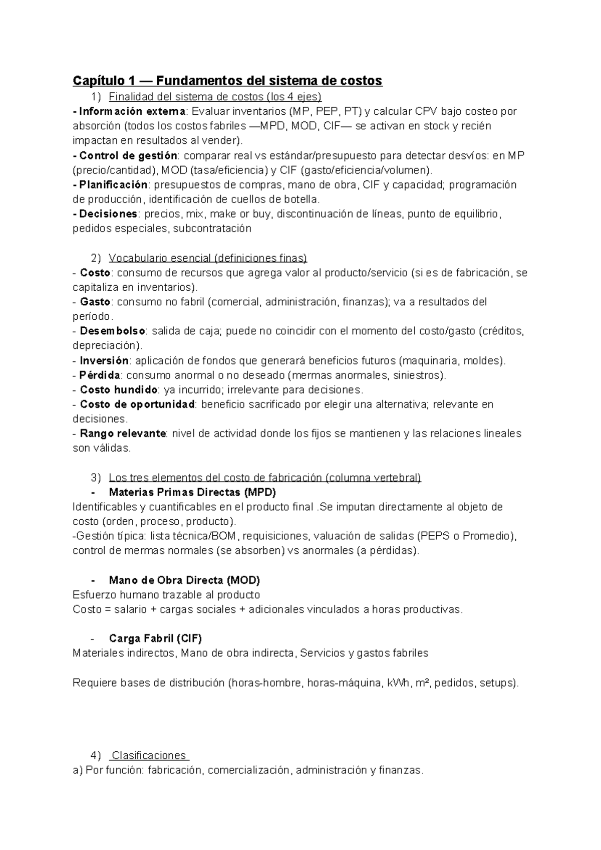 Capítulo 1: Fundamentos del Sistema de Costos - Resumen y Claves (COST ...