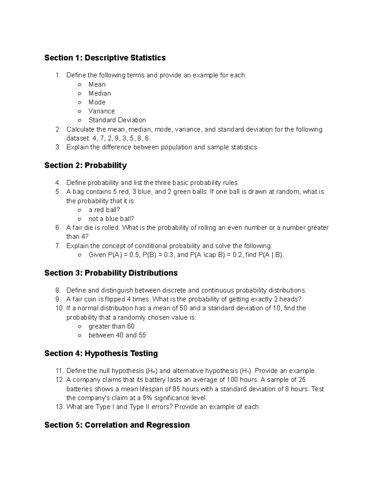 Stats Review Worksheet - Section 1: Descriptive Statistics Define the ...