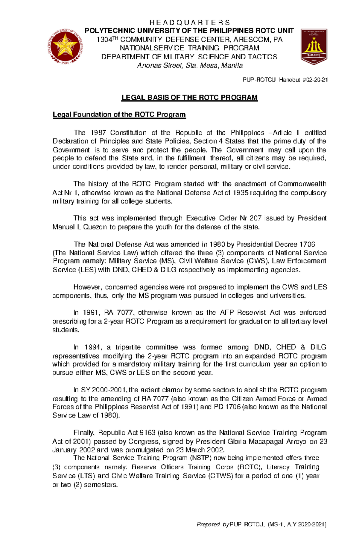PUP-ROTCU Handout #02-20: Legal Basis of the ROTC Program - Studocu