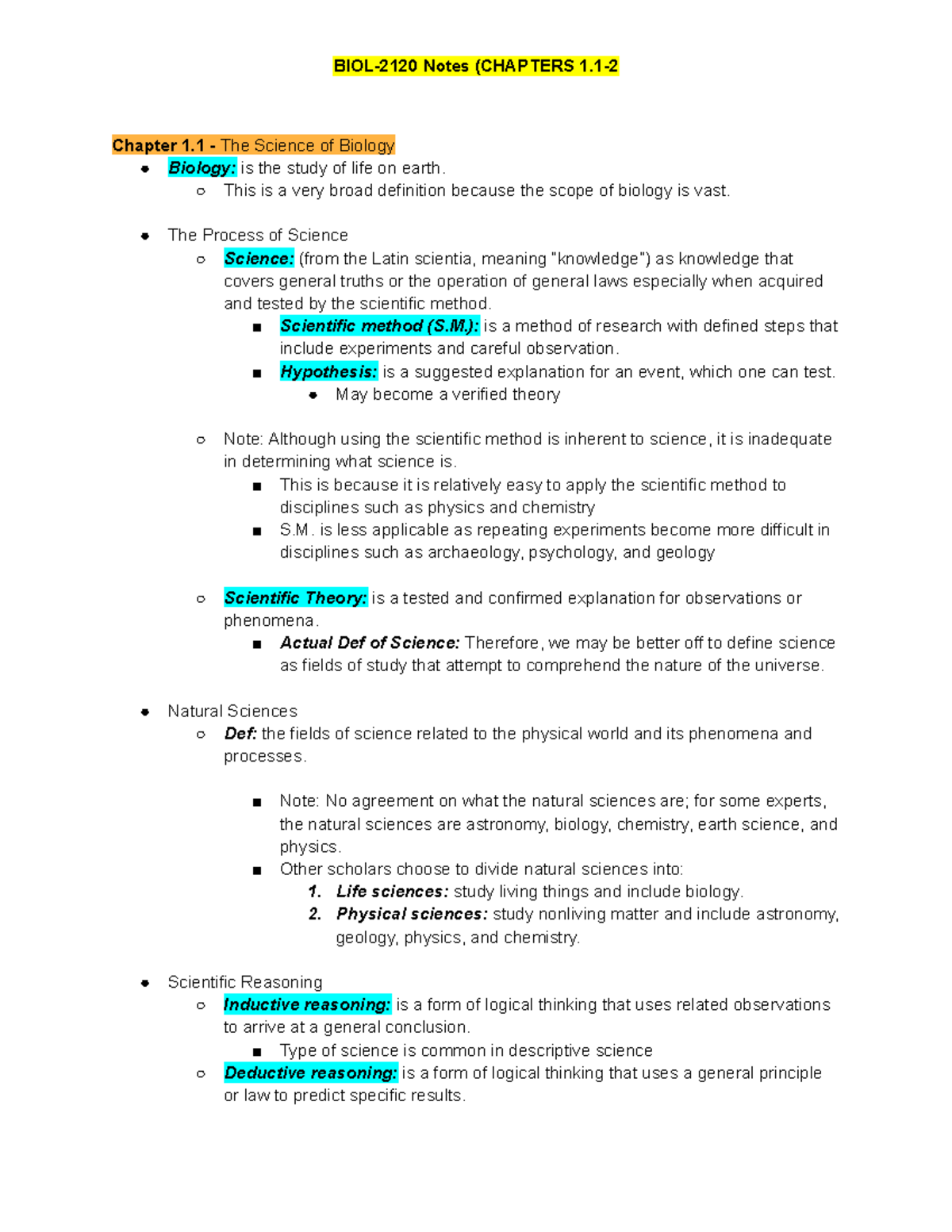 BIOL-2120 Chapter 1.1-2 Notes: The Science of Biology Overview - Studocu