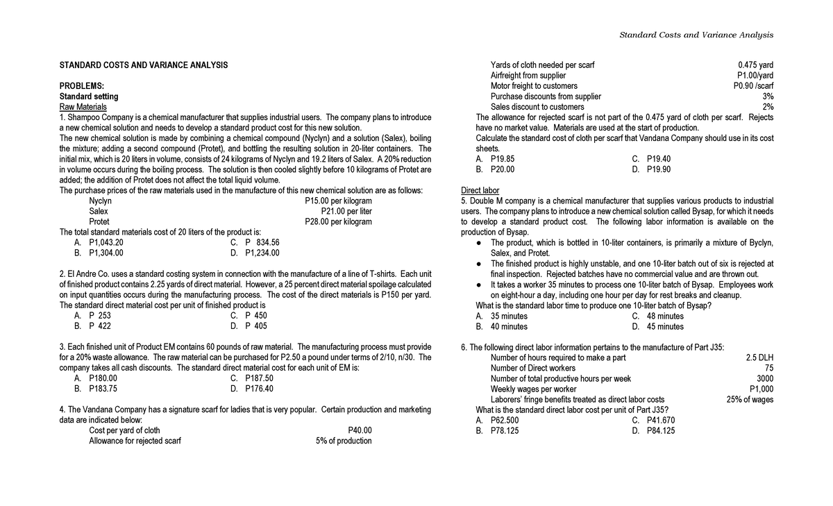 Chapter 10: Exercises on Standard Costs & Variance Analysis - Studocu