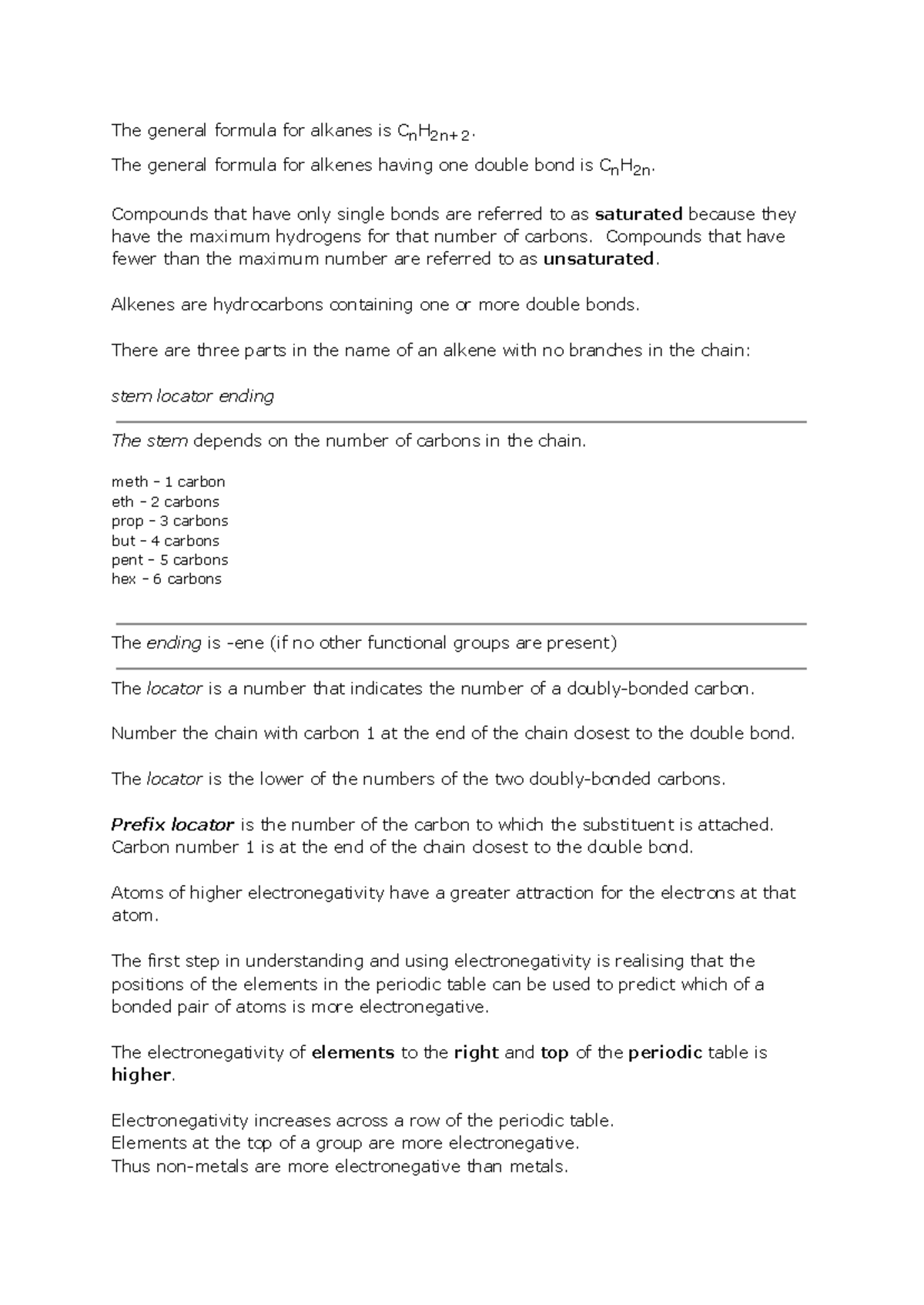 Chem 101: Lecture Notes on Alkanes, Alkenes, and Electronegativity ...