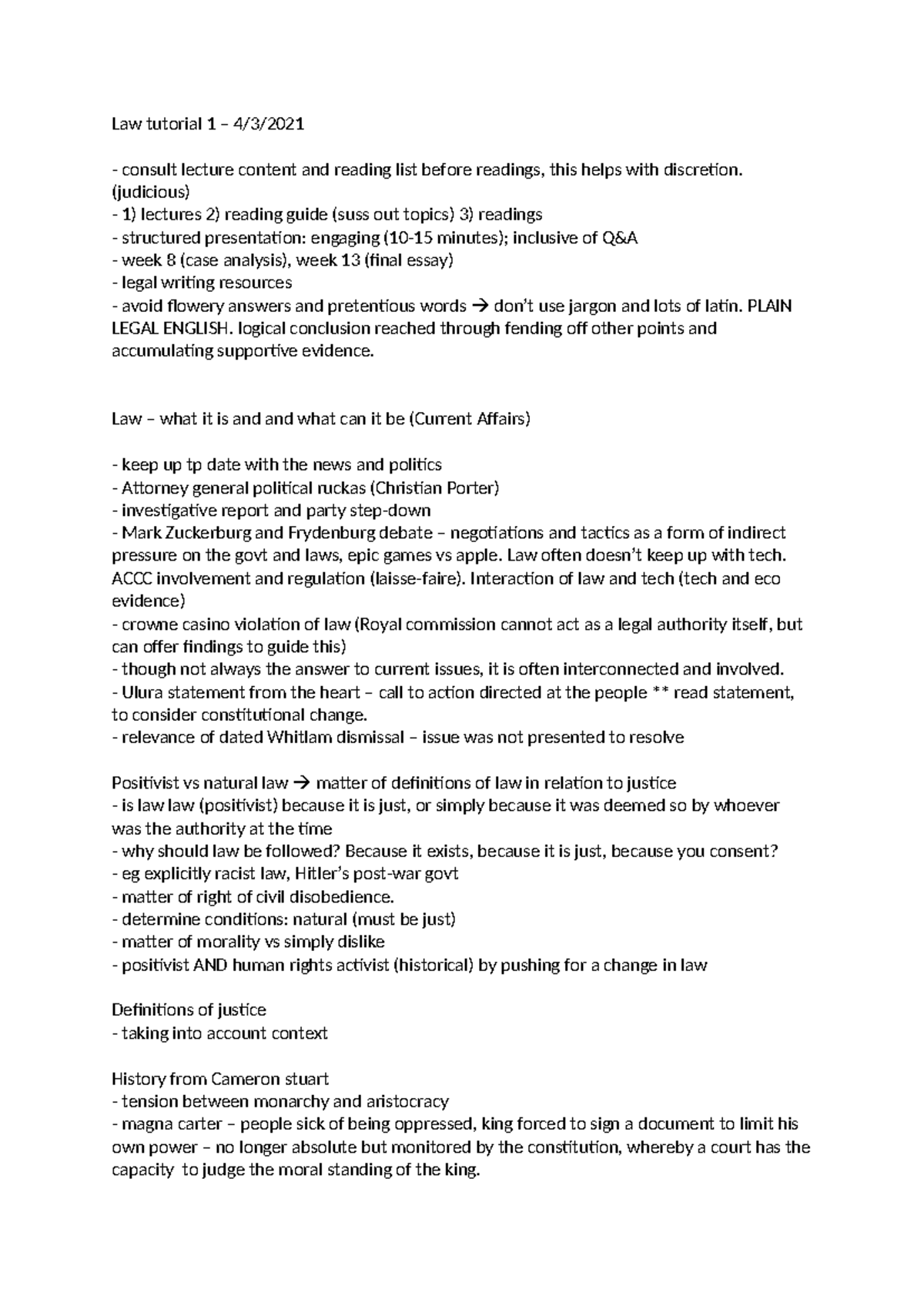 Tutorial notes from class - Law tutorial 1 – 4/3/ consult lecture ...