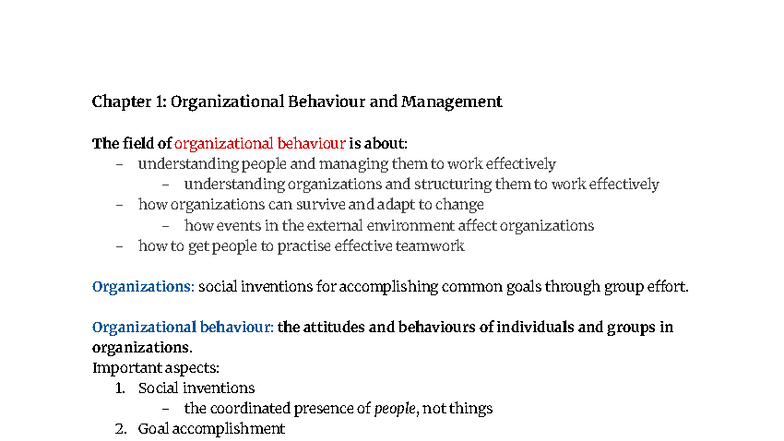 HROB 2090 Lecture Notes: Chapter 1 - Org Behaviour & Management - Studocu