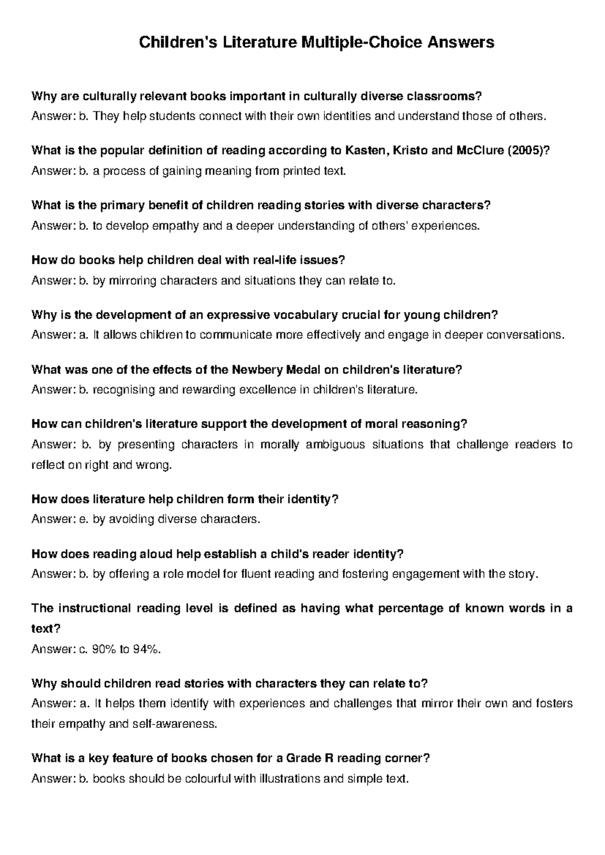 Children Literature Answers - Children's Literature Multiple-Choice ...