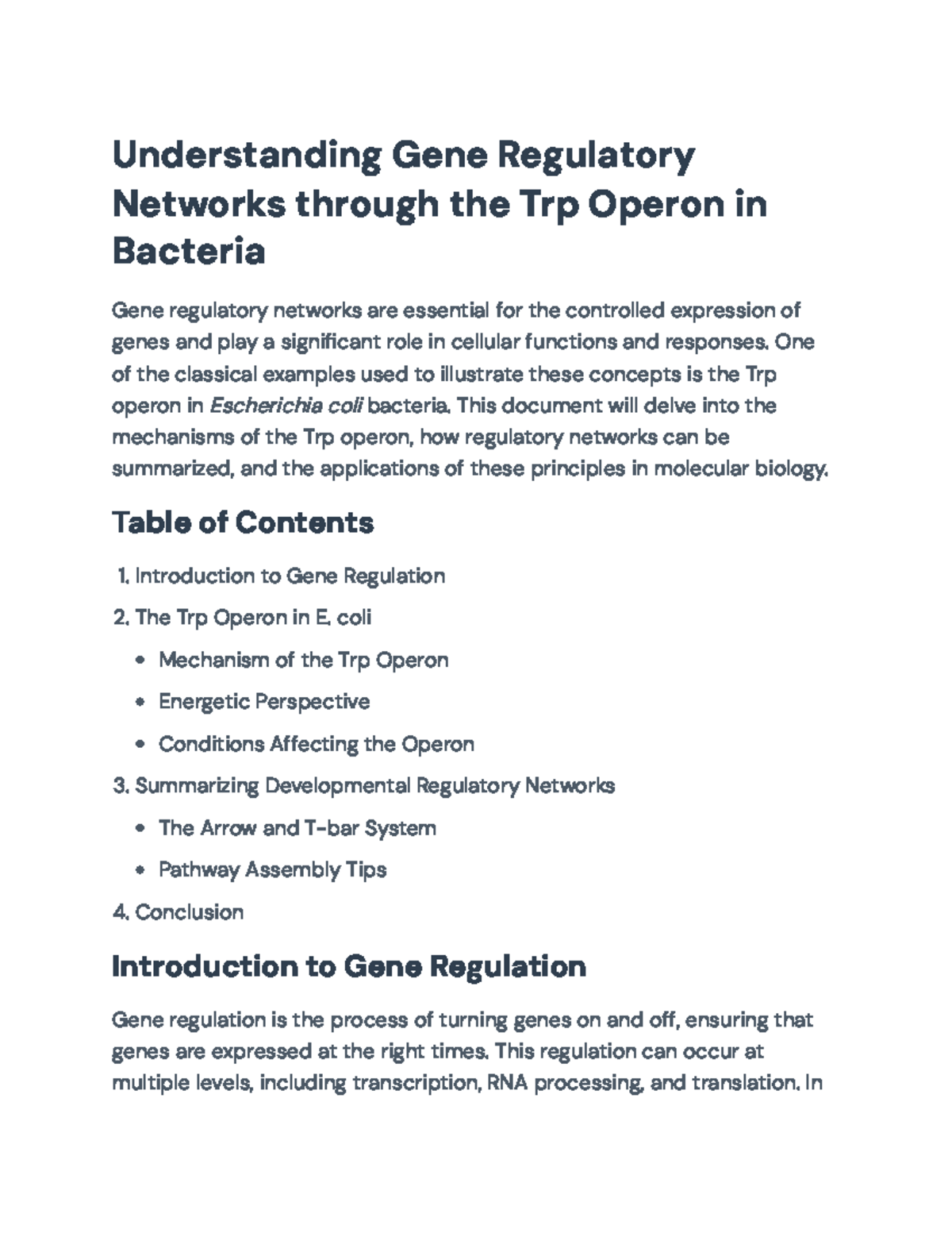 Understanding Gene Regulatory Networks: The Trp Operon in E. coli ...