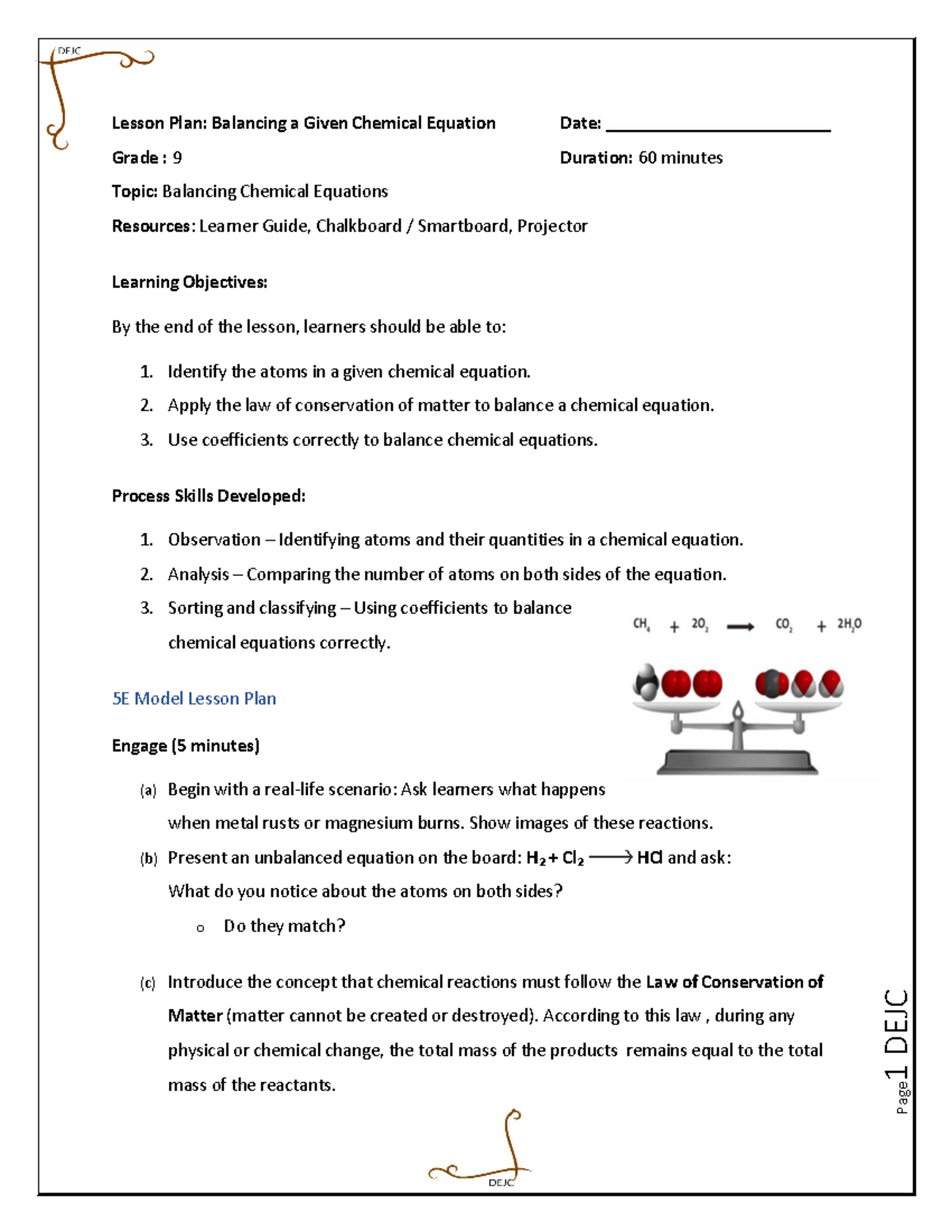 Grade 9 Lesson Plan: Balancing Chemical Equations - Studocu