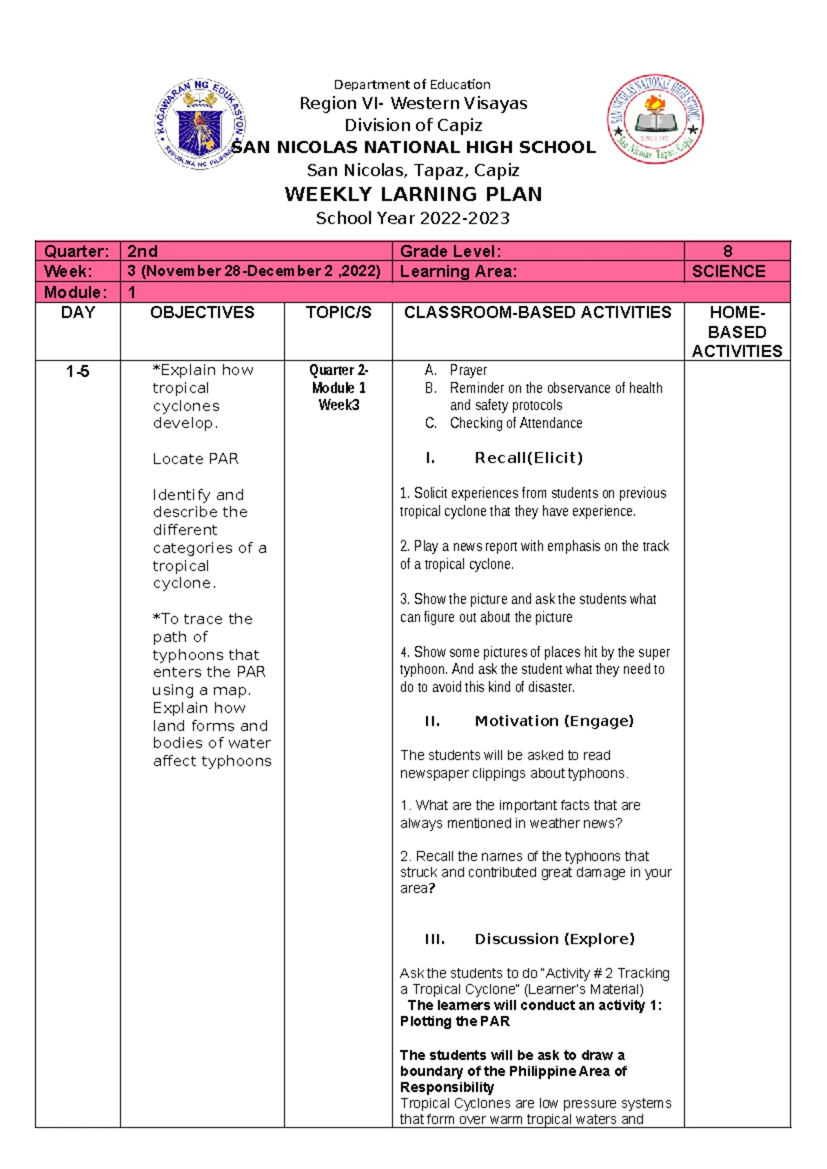 WLP - Science 8 - Weekly Learning Plan for Week 3 - Studocu
