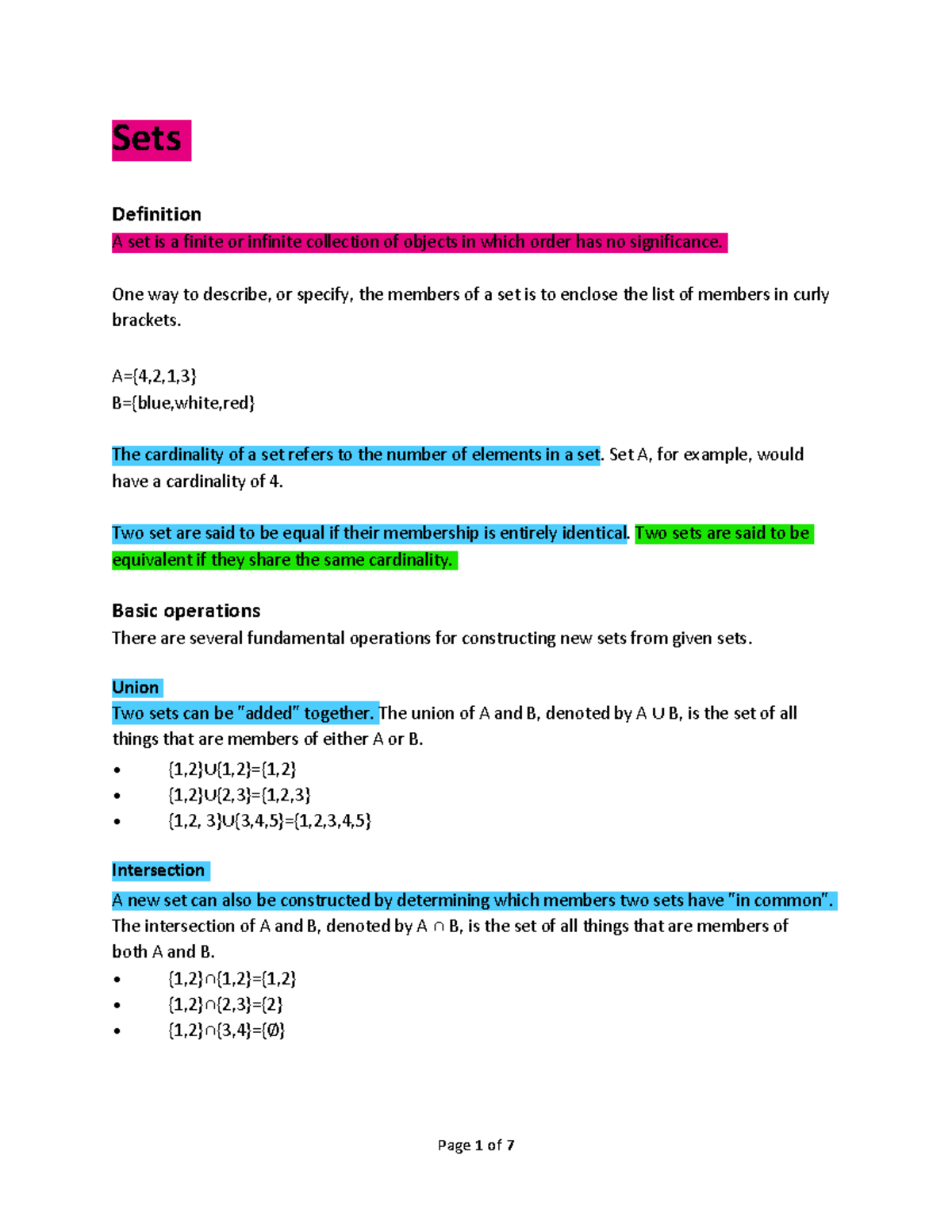 Sets ITM - LECTURE NOTES - Sets Definition A set is a finite or ...