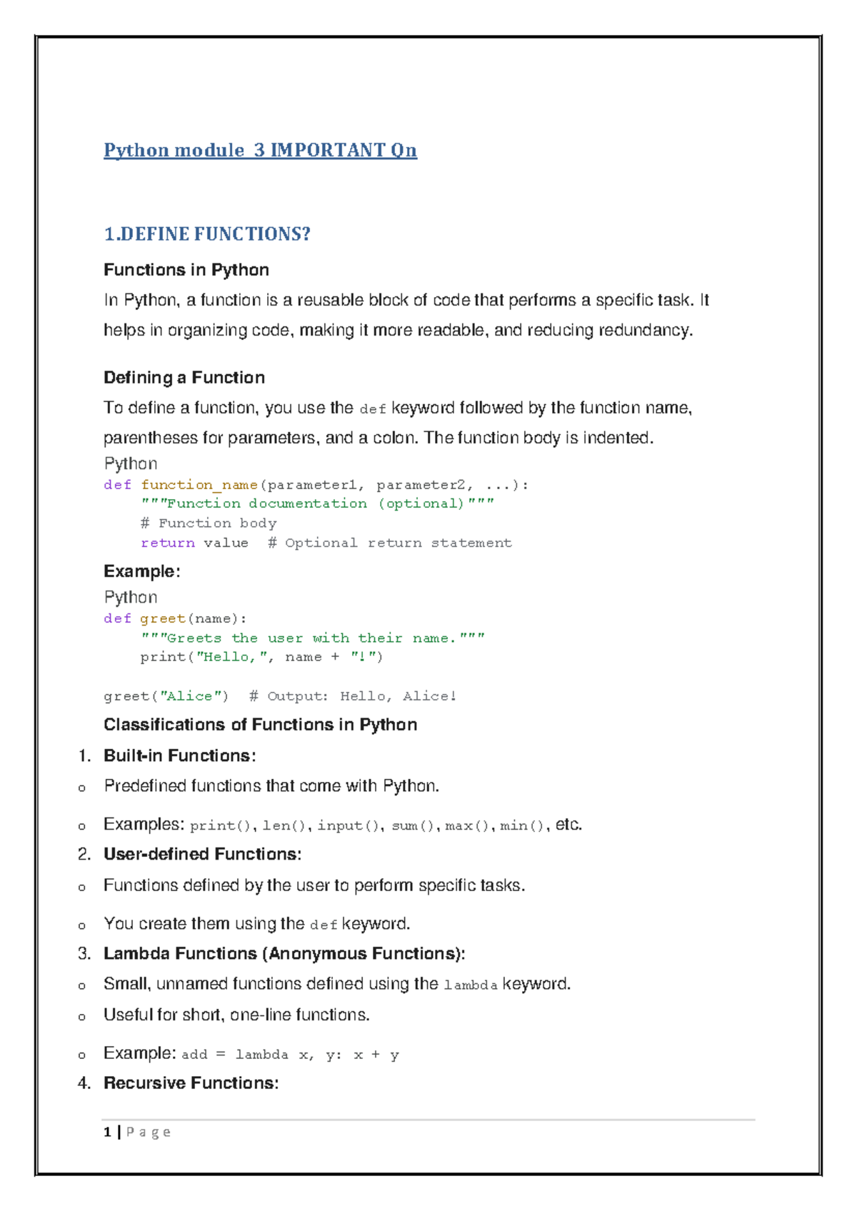 Python module 3 imp - Python module 3 IMPORTANT Qn 1 FUNCTIONS ...