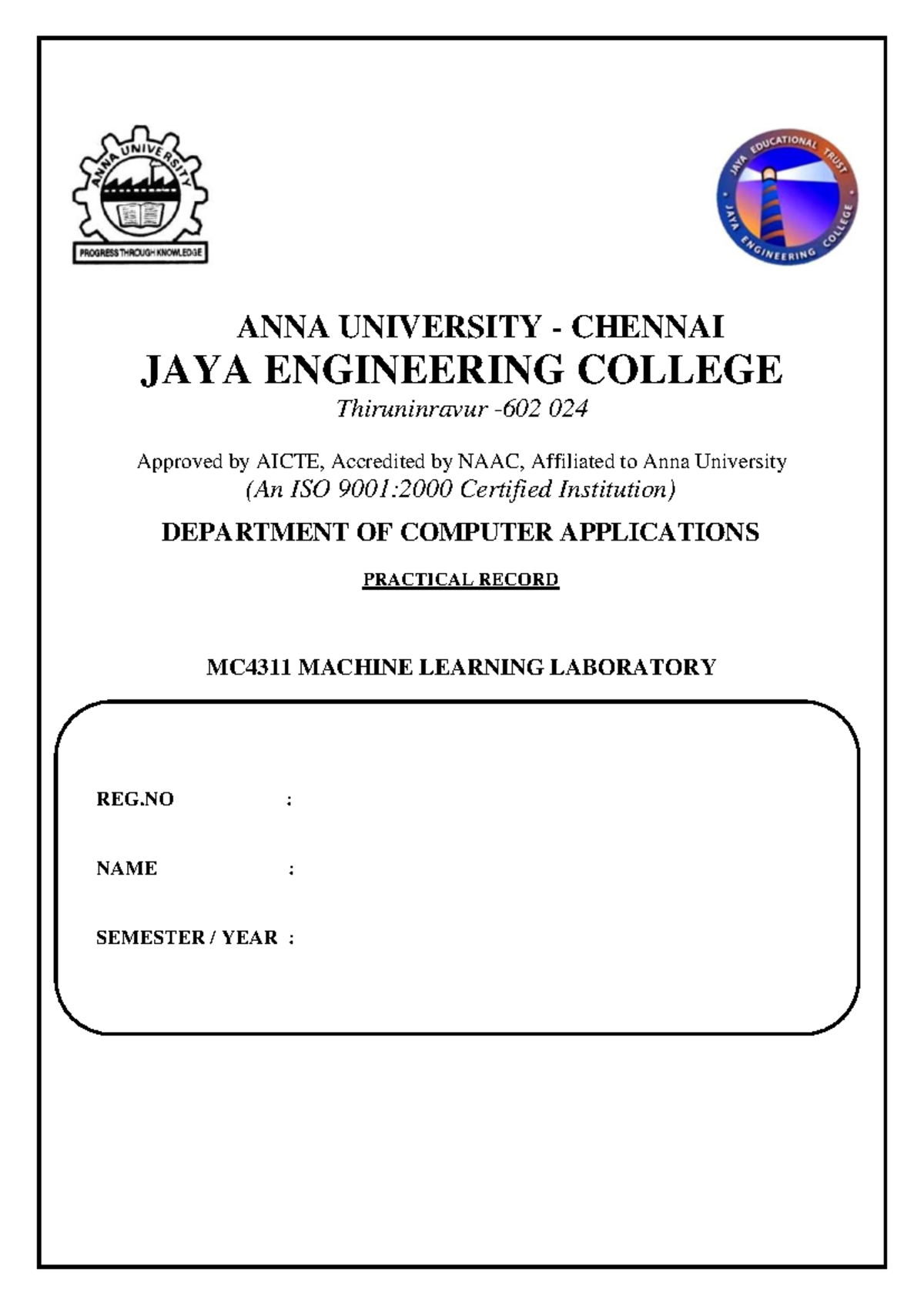 MC4311 Machine Learning Laboratory Practical Record - Final 2024 - Studocu