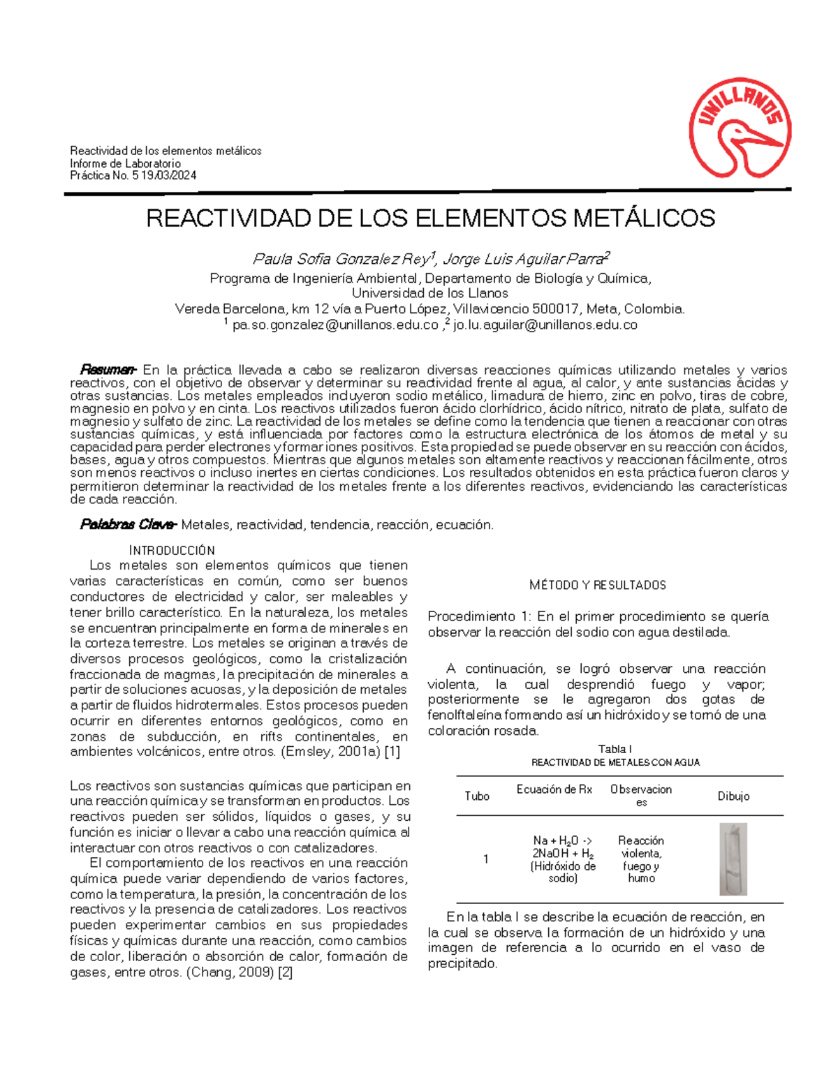 Informe de Laboratorio: Reactividad de Metales - Práctica No. 5 - Studocu