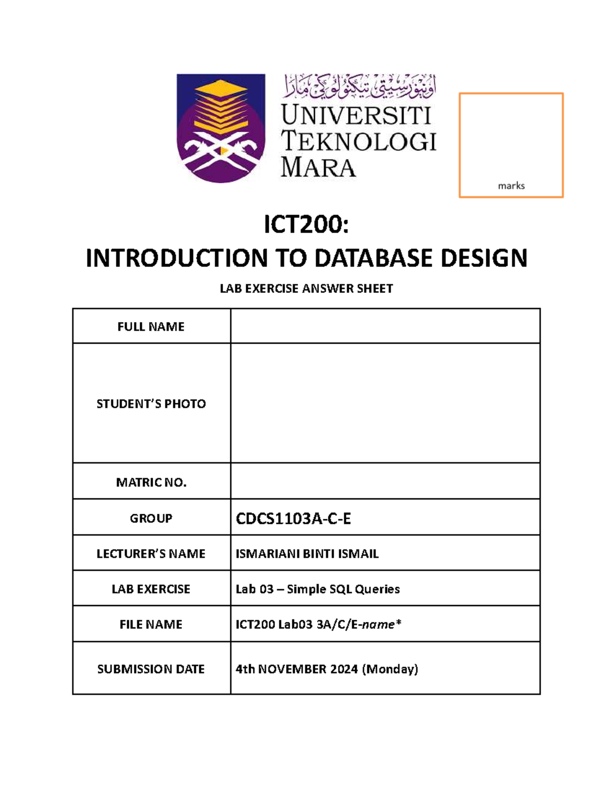 ICT200: Lab 03 SQL Queries Answer Sheet - Submission Nov 4, 2024 - Studocu