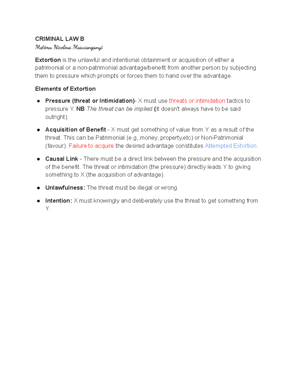 CRIMINAL LAW B: Key Aspects of Extortion Explained - Studocu