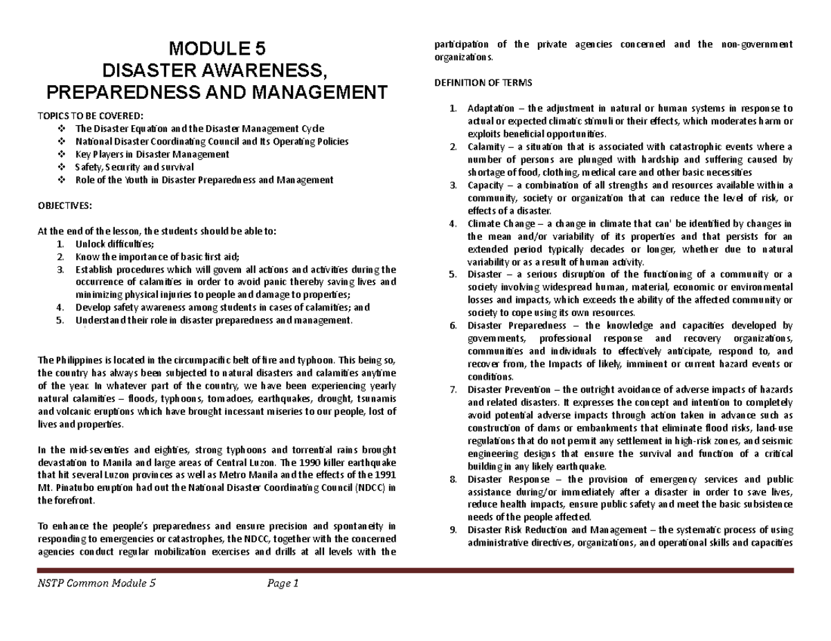 Module 5 Disaster Awareness Preparedness and Management - Community ...