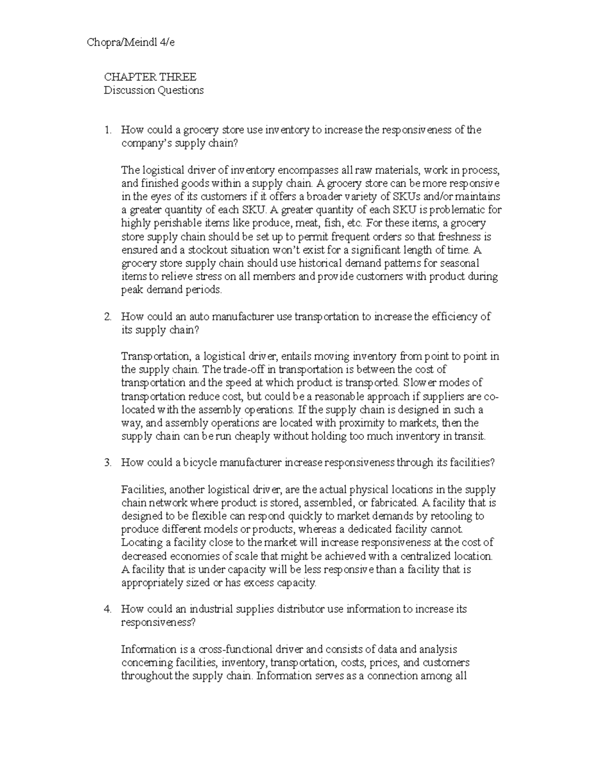 Discussion Questions on Supply Chain Efficiency - Ch03 Analysis - Studocu